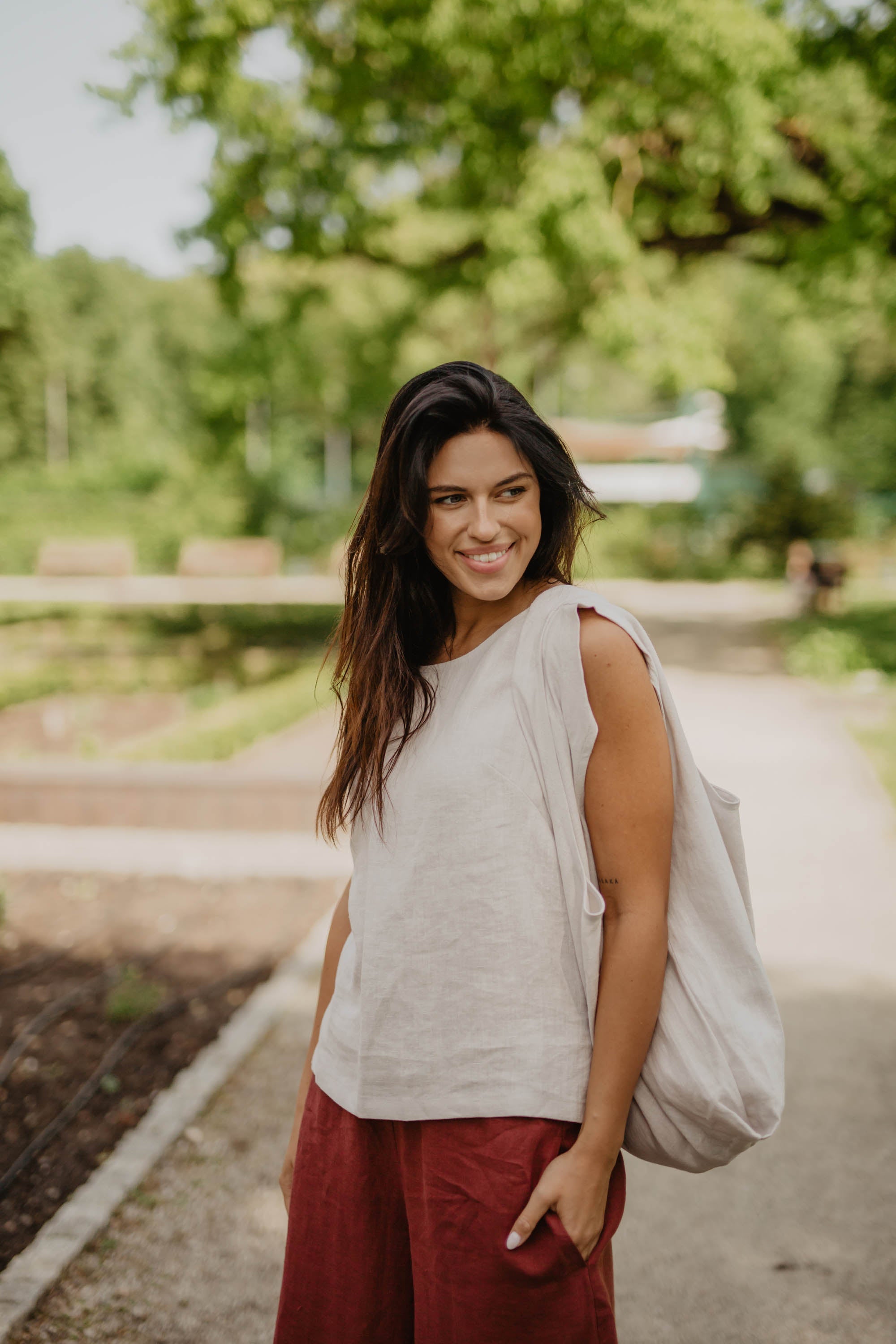 Woman Smiling With A White Linen Tote Bag By Amourlinen