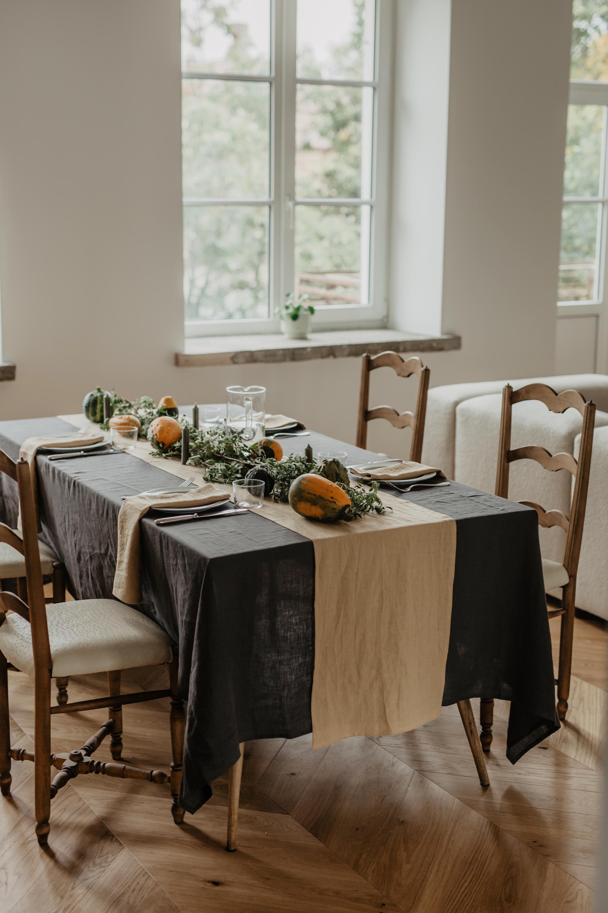 Set Dinner Table With Charcoal Linen Tablecloth By Amourlinen