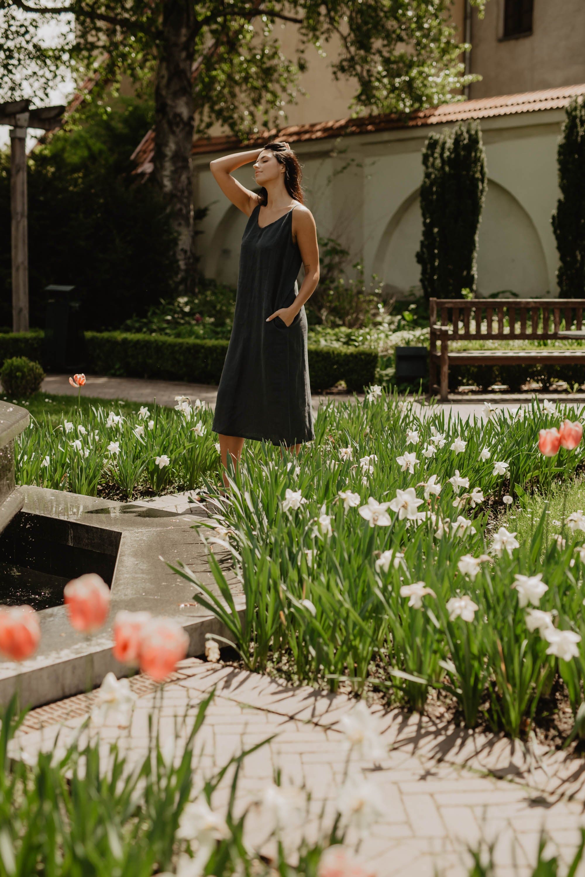 Langes Leinenkleid JAKARTA - Anthrazit