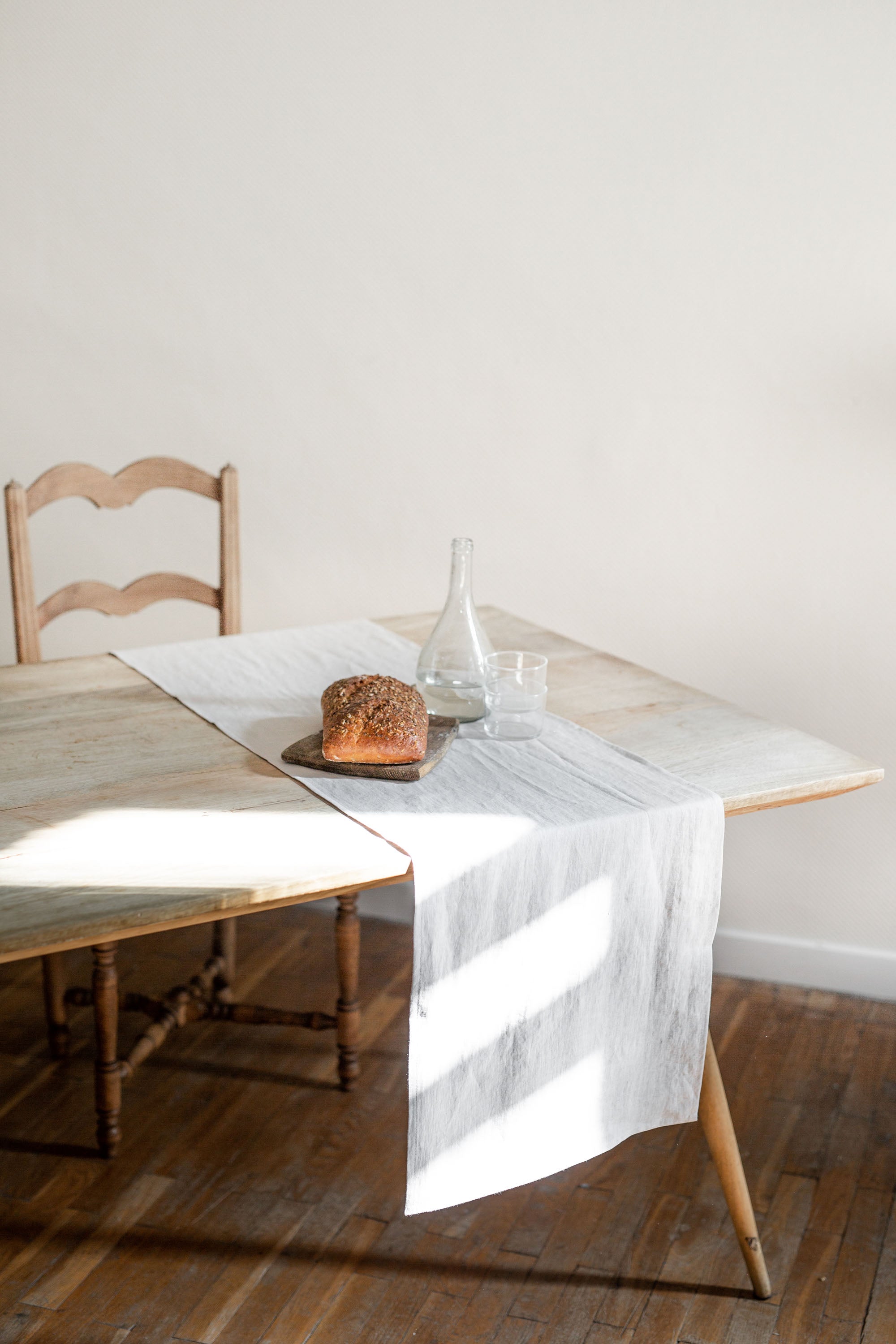 Top View Of Dinner Table With Cream Linen Table Runner By AmourlInen