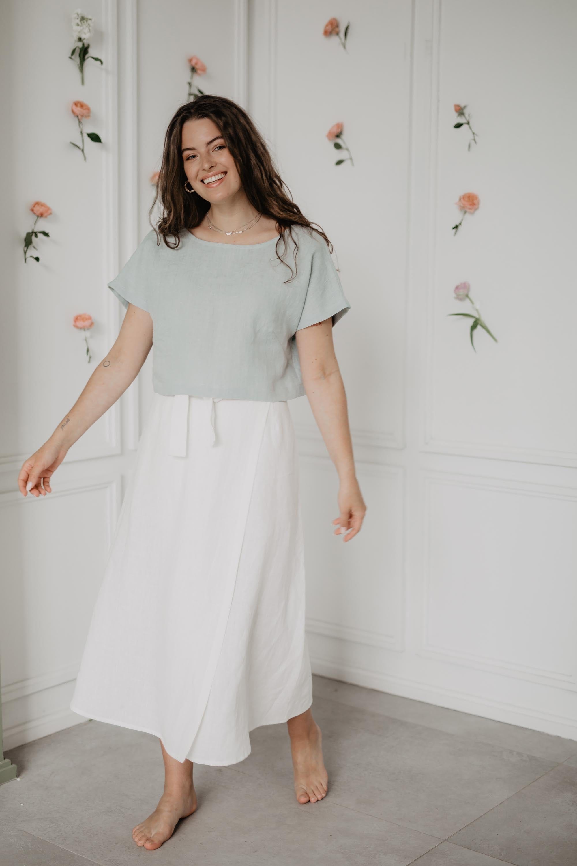Leinencroptop LISA mit Knöpfen - Salbeigrun
