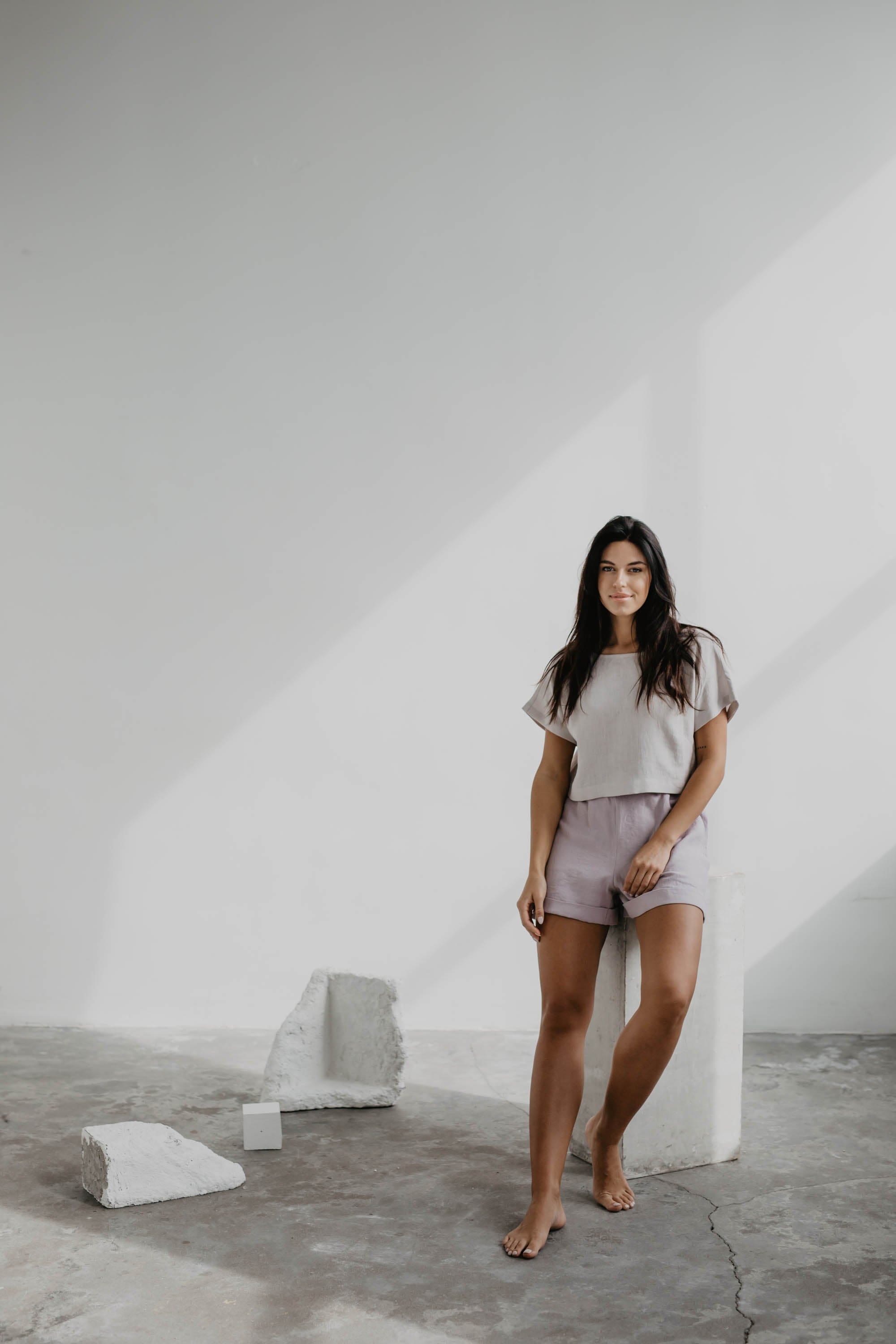 Leinencroptop LISA mit Knöpfen - Creme