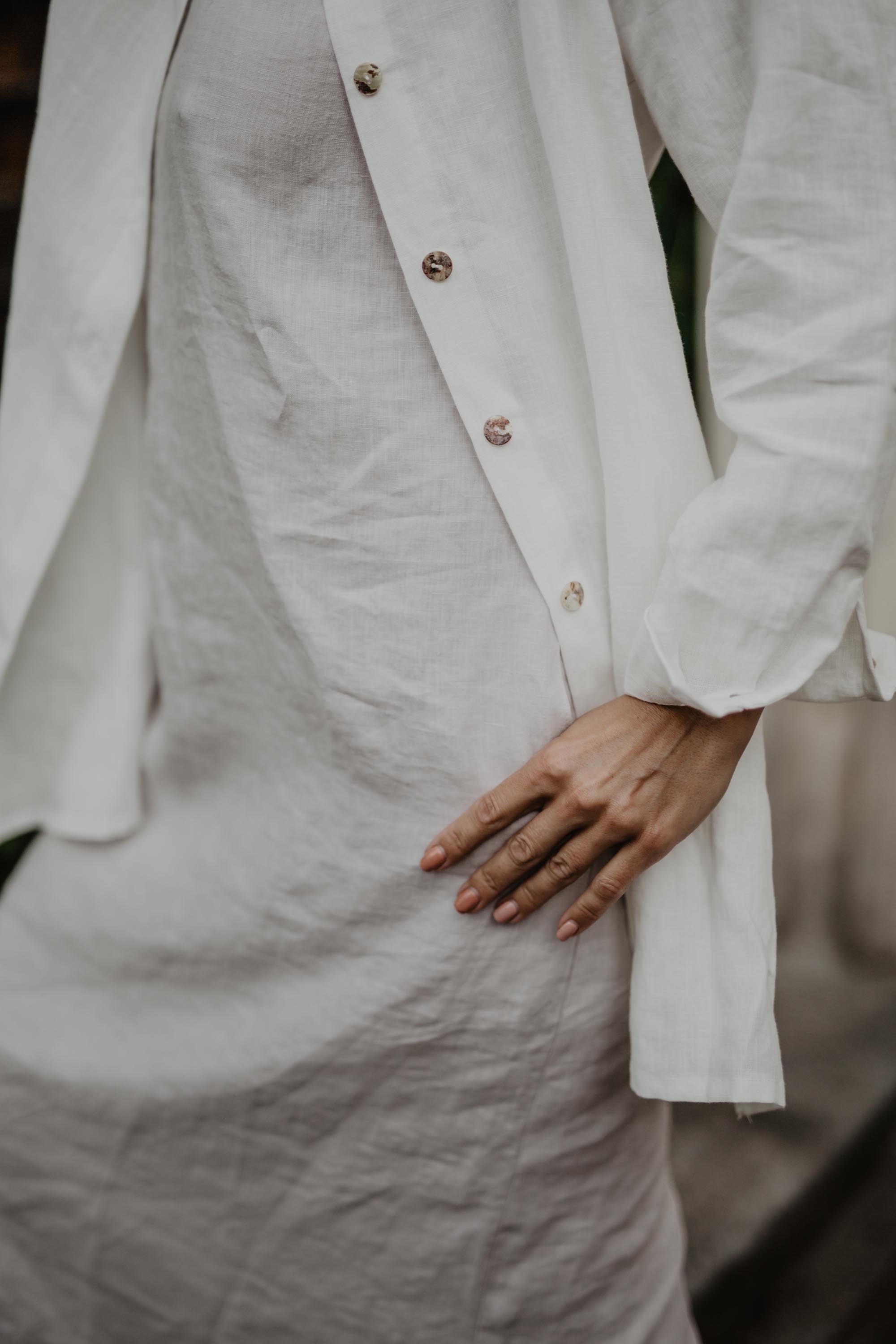 Close up of Wite Oversized LInen Shirt By AmourLinen