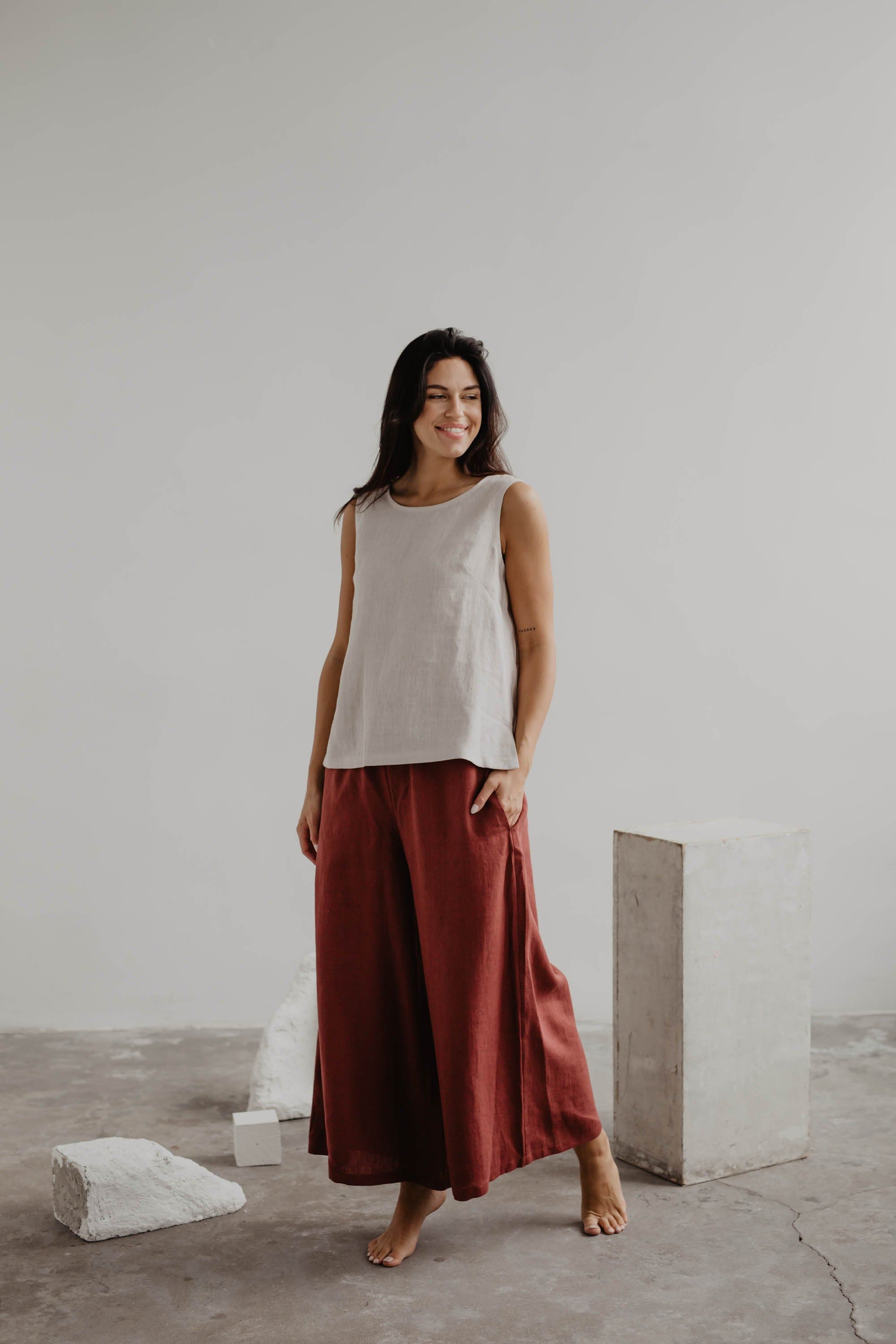 Breite Leinenhose ISABELLA - Terrakotta