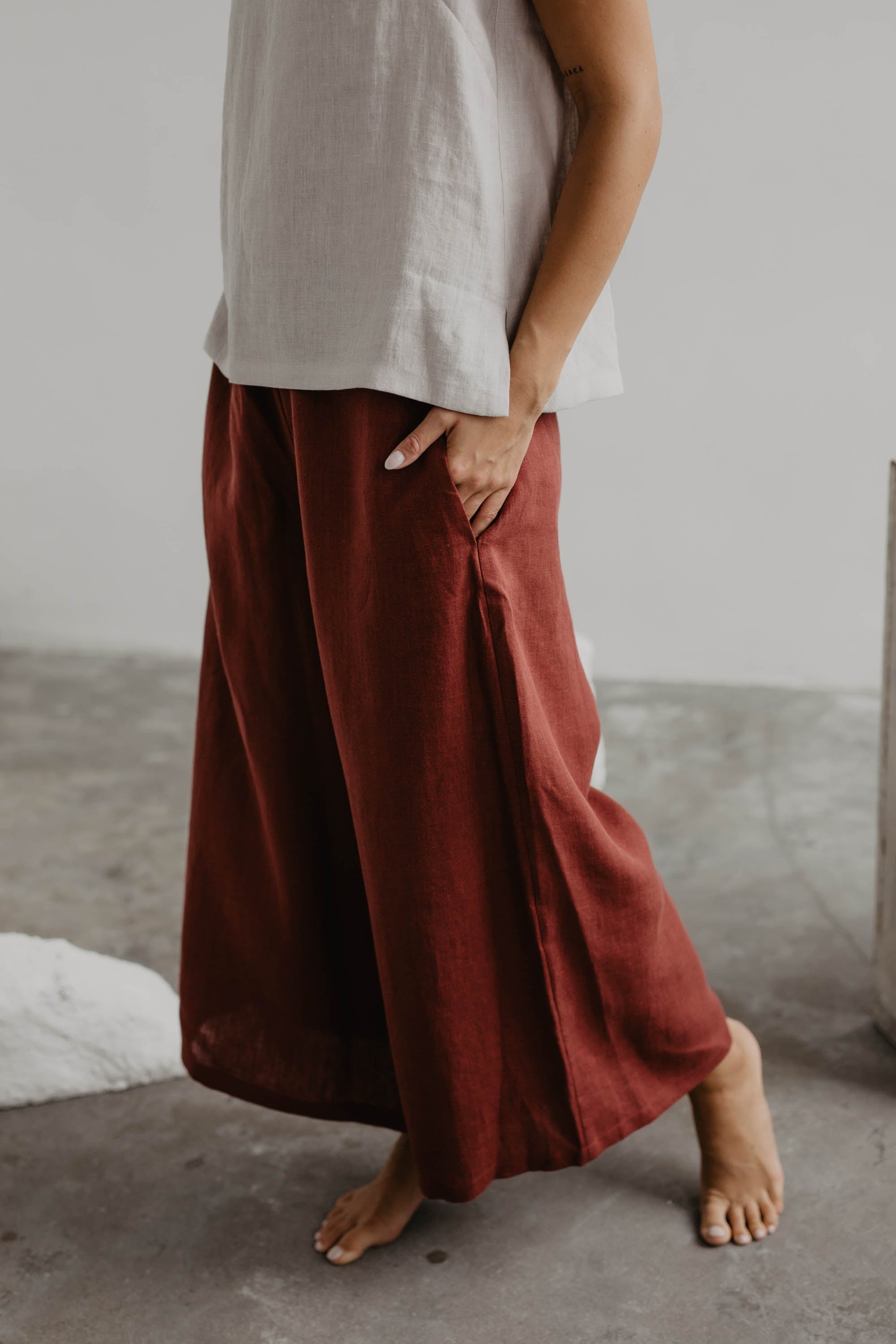 Breite Leinenhose ISABELLA - Terrakotta
