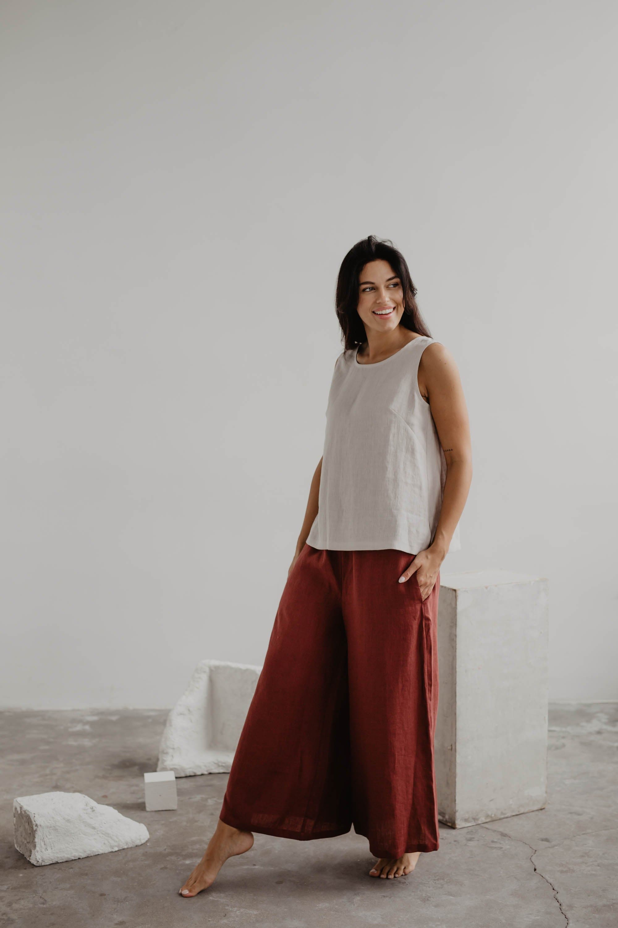 Breite Leinenhose ISABELLA - Terrakotta