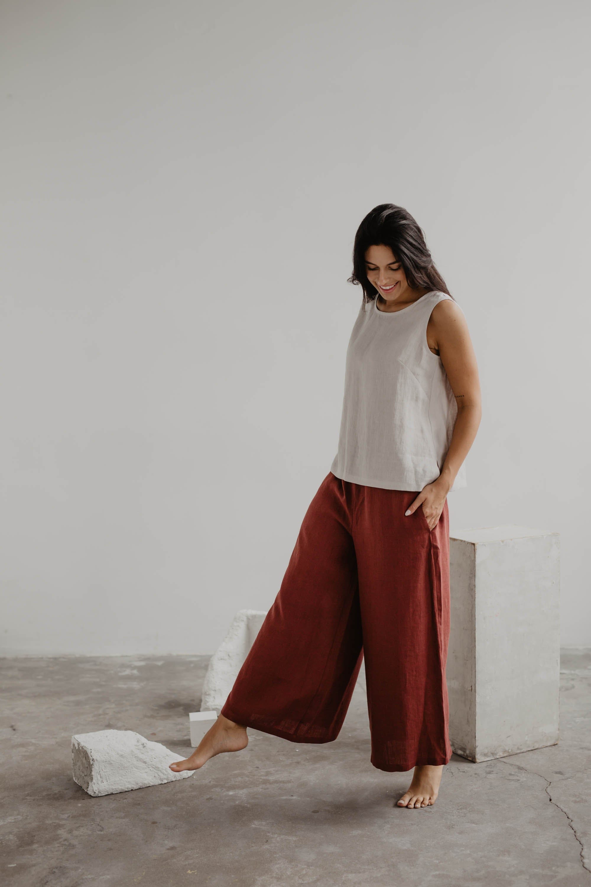 Breite Leinenhose ISABELLA - Terrakotta