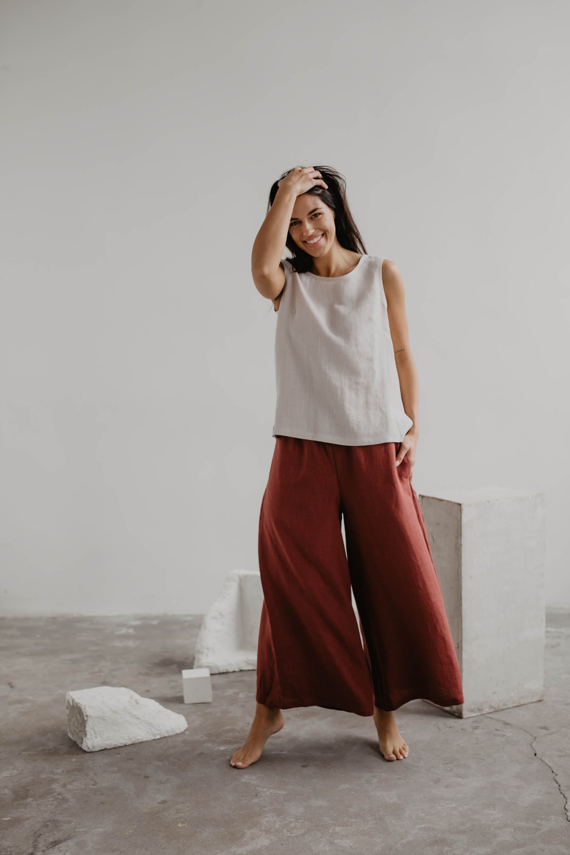 Breite Leinenhose ISABELLA - Terrakotta