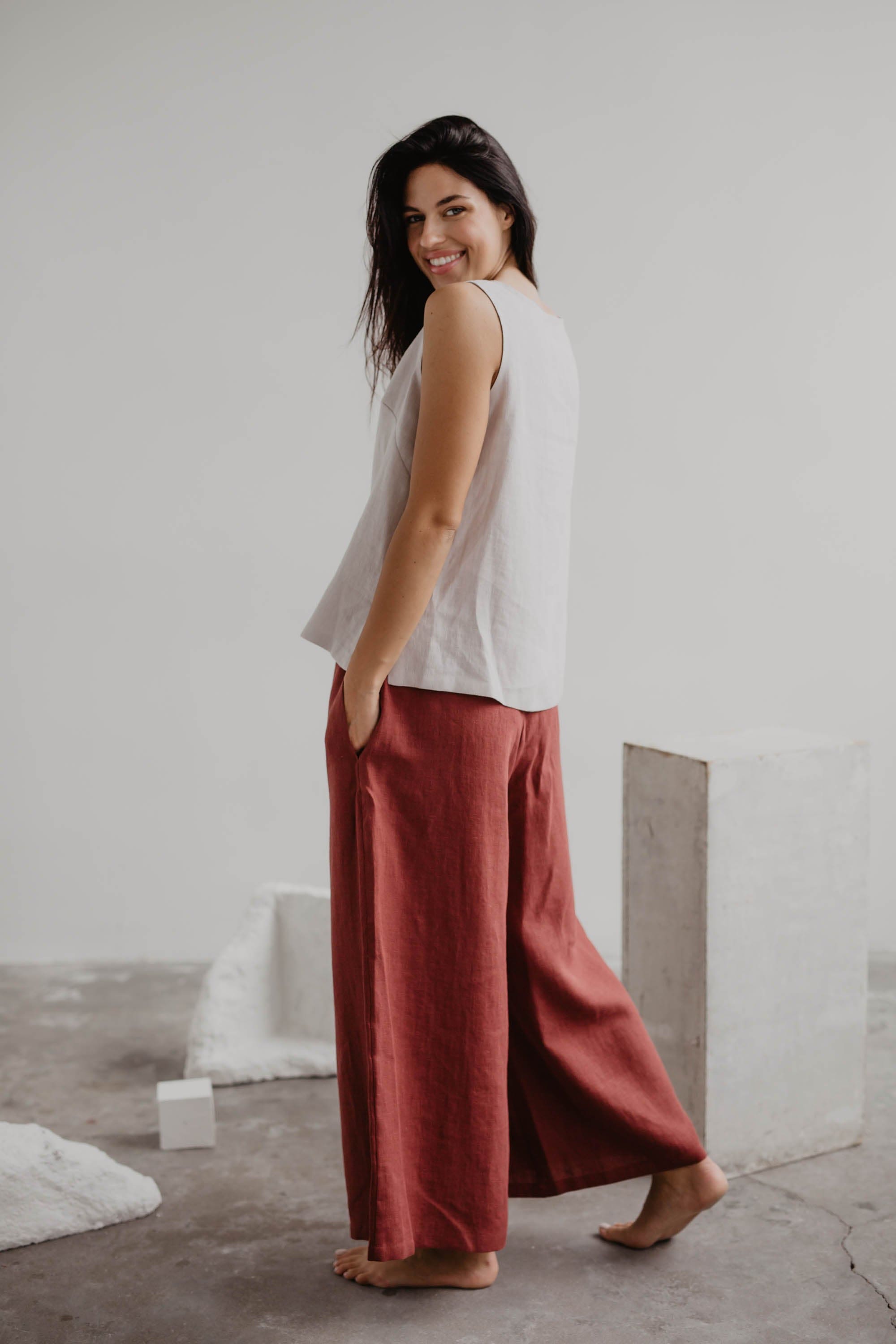 Breite Leinenhose ISABELLA - Terrakotta