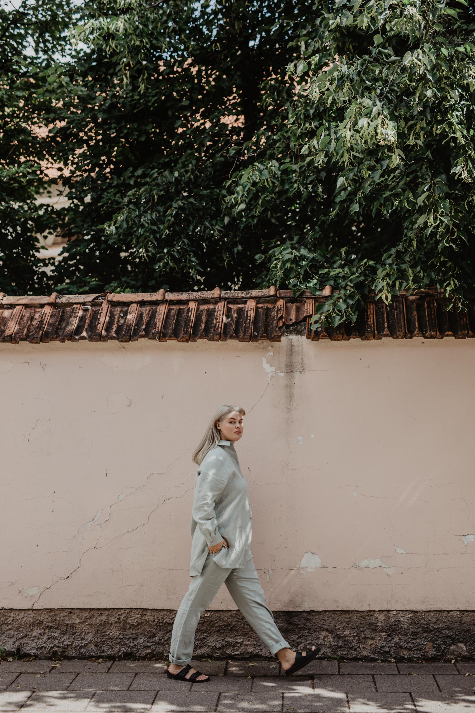 Woman Walking Wearing Sage Green Linen Suit Set By AmourLInen