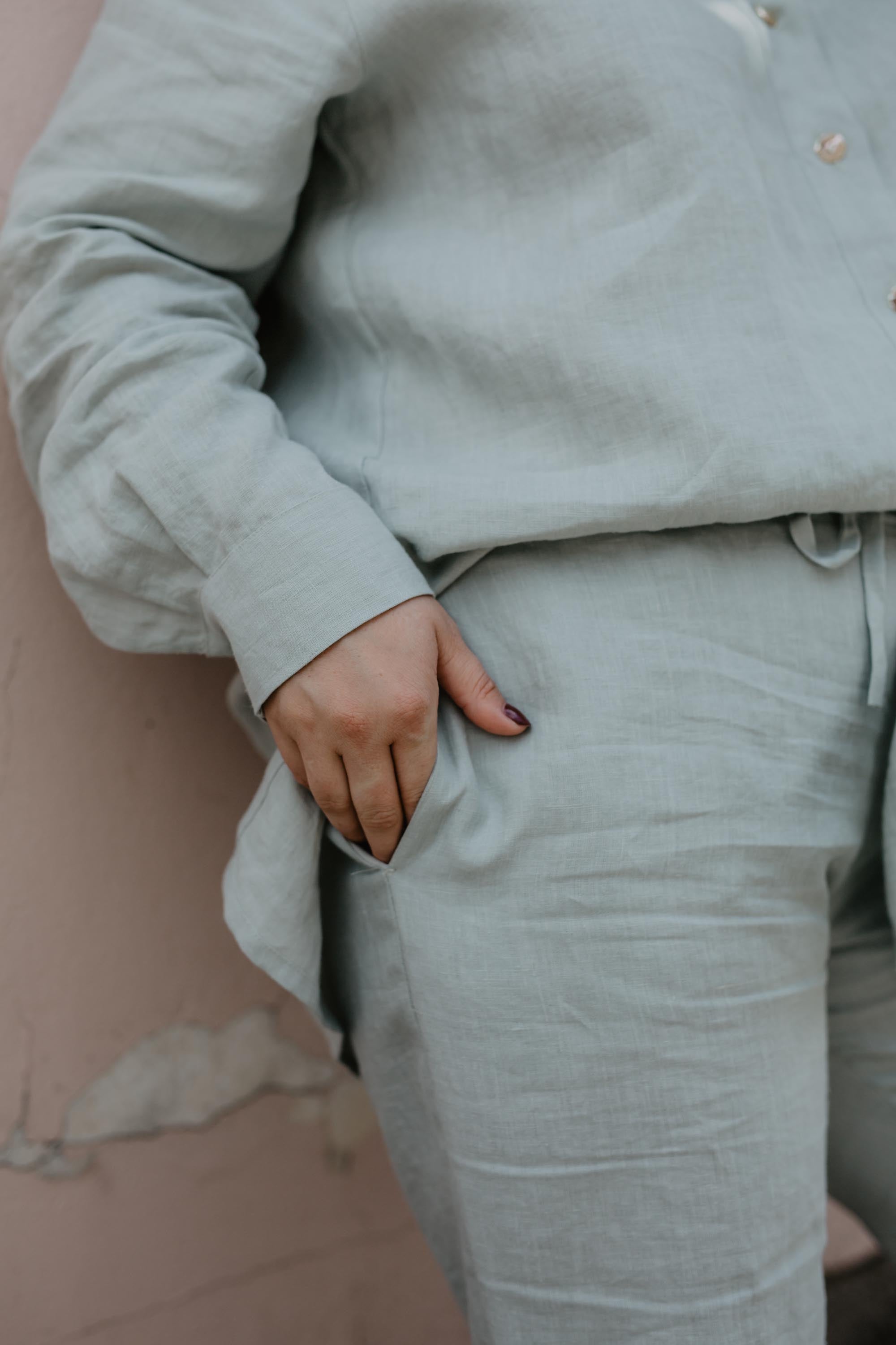 Close Up Of Sage Green Suit Set Sahara