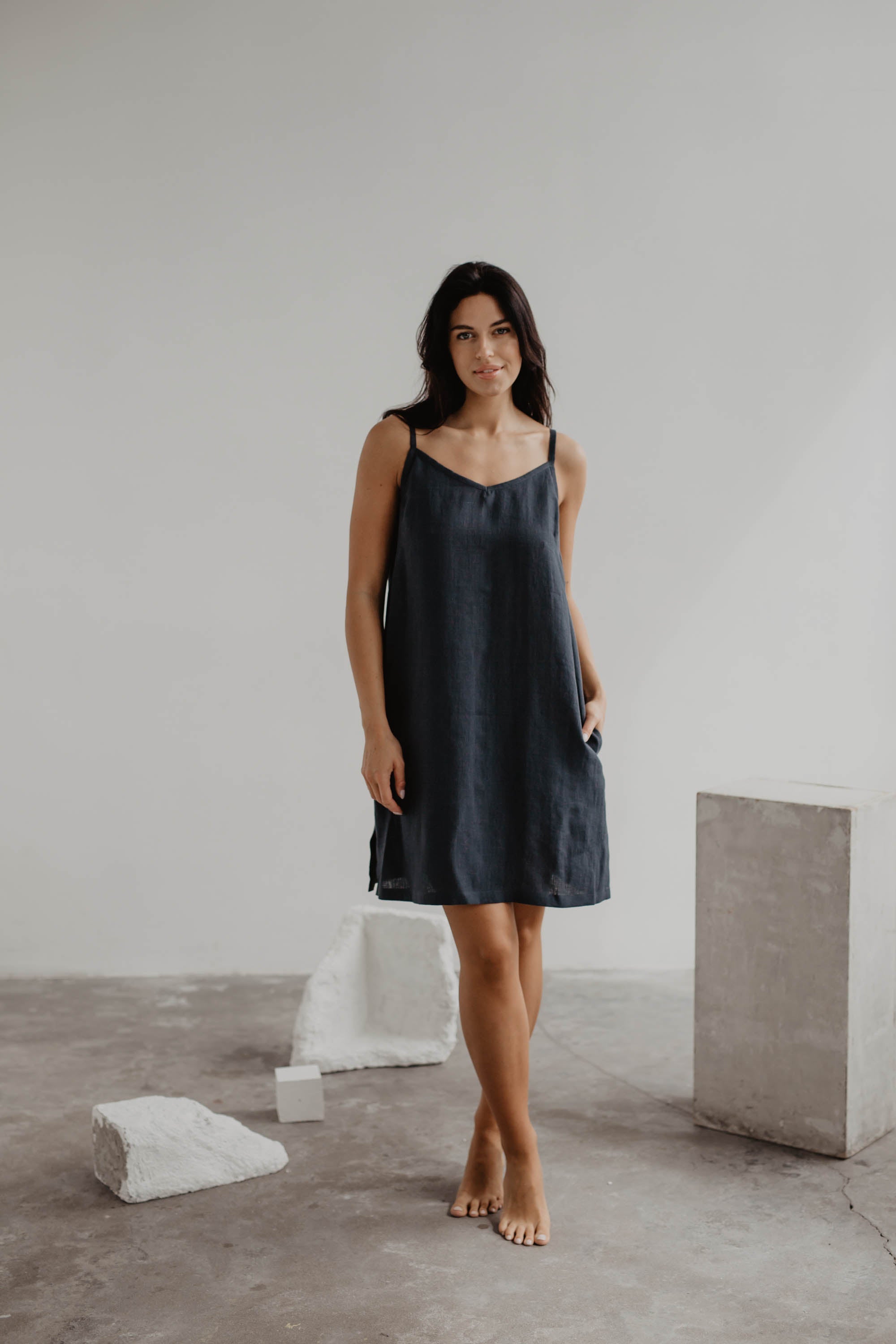 Women Wearing Black Linen Slip Dress In Gallery by Amourlinen