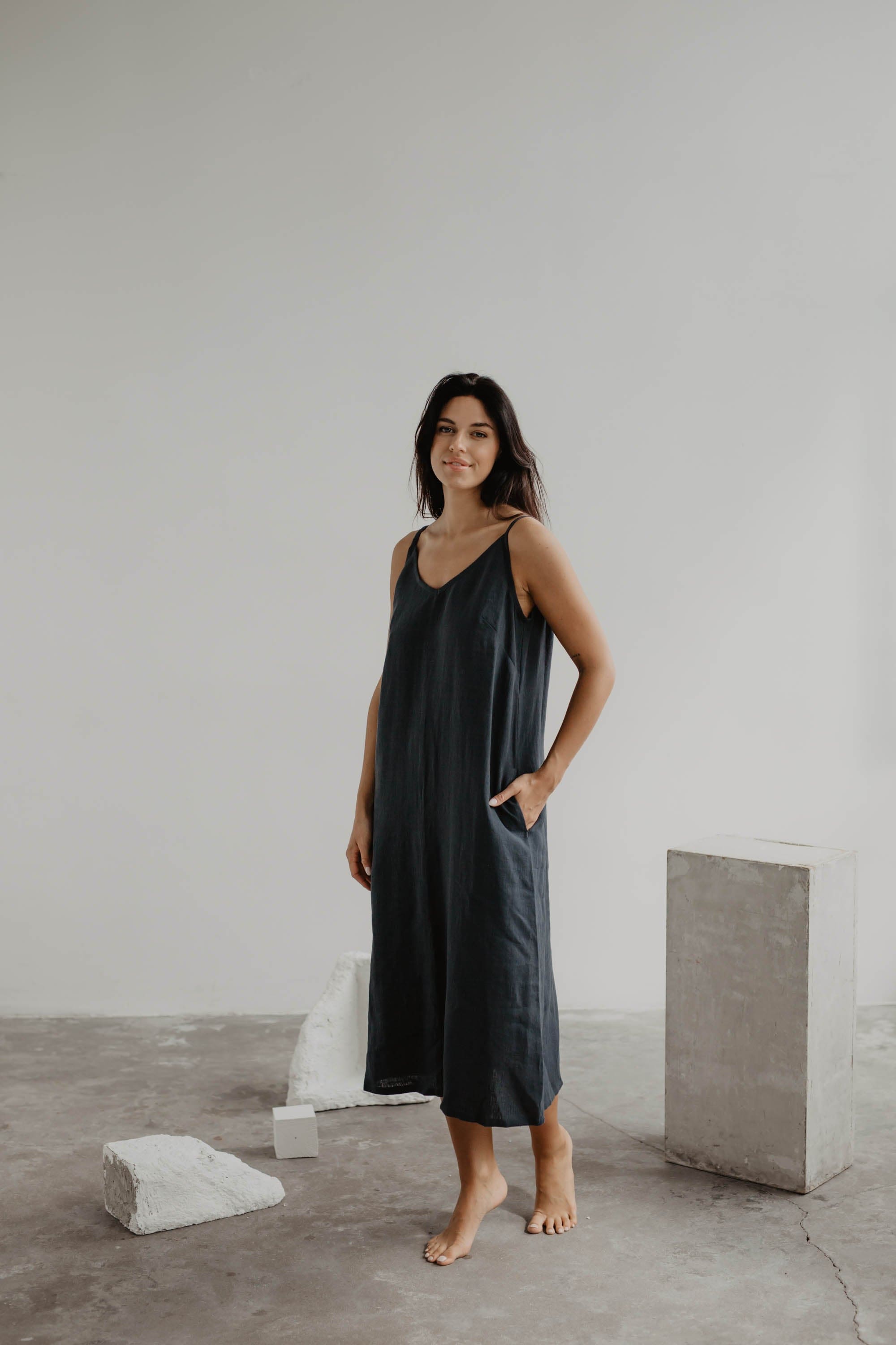 Langes Leinenkleid JAKARTA - Anthrazit