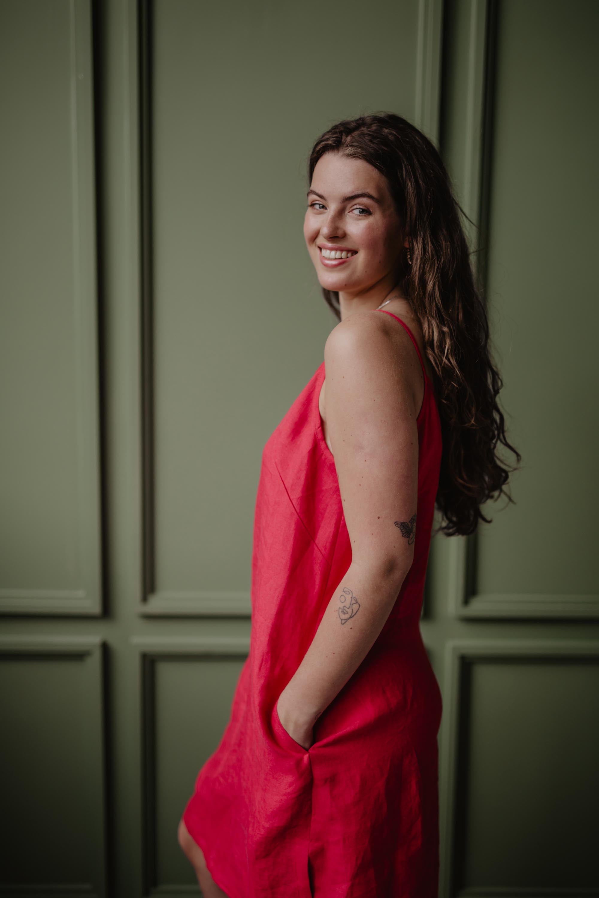 Side View Close Up Of Women Wearing A Red Linen Slip Dress by Amourlinen