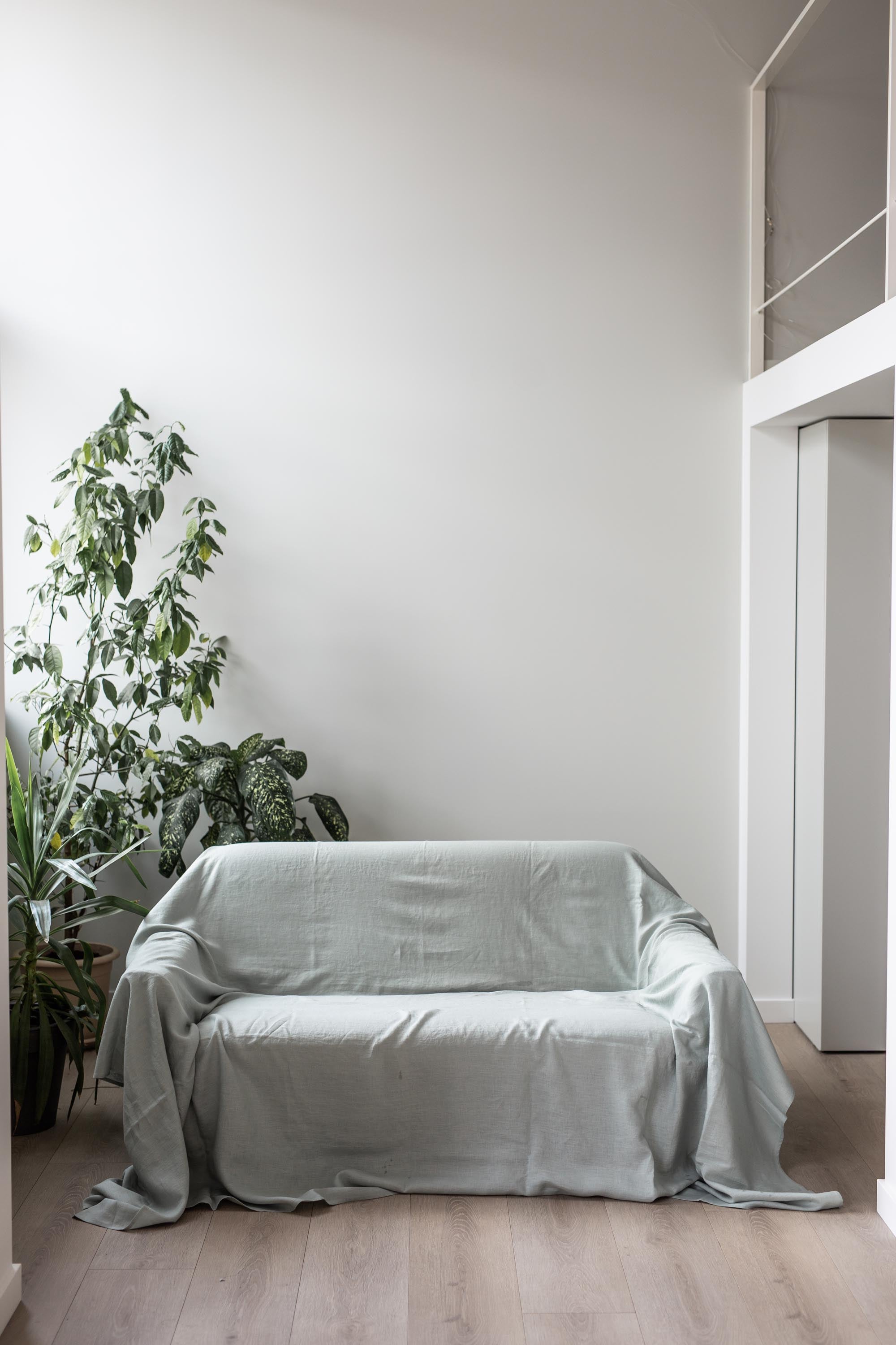 Couch Covered With A Sage Green Linen Couch Cover By Amourlinen