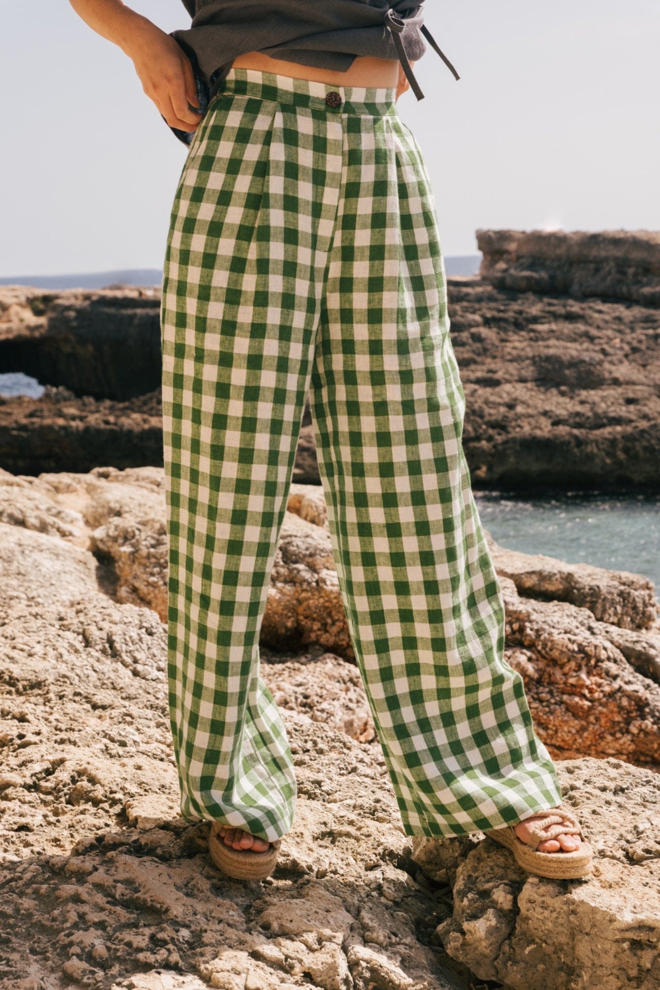 Klassische Leinenhose LYDIA - Grünes Gingham