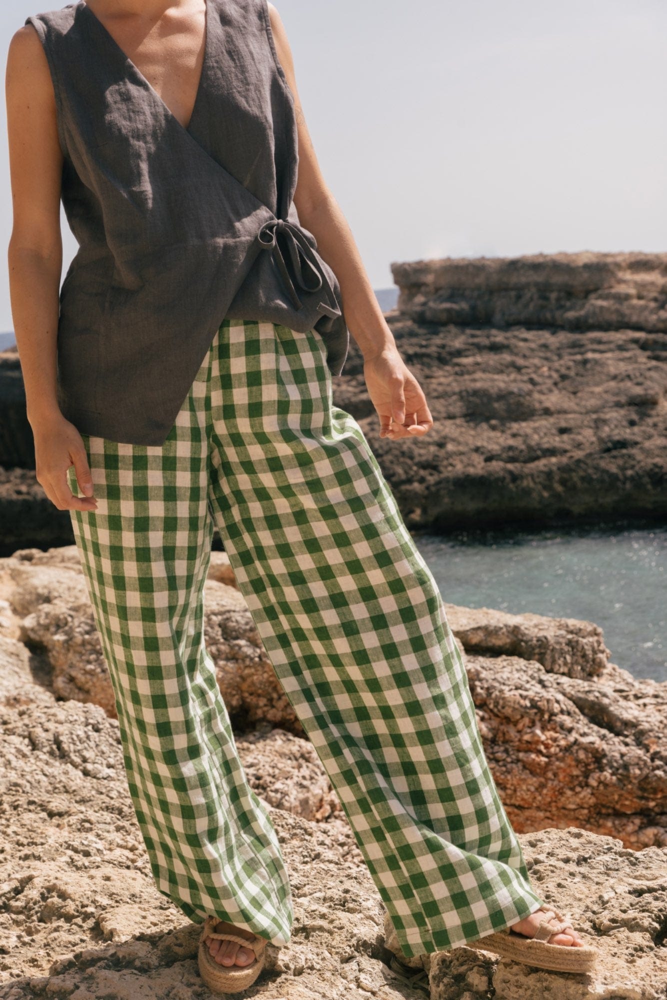 Klassische Leinenhose LYDIA - Grünes Gingham