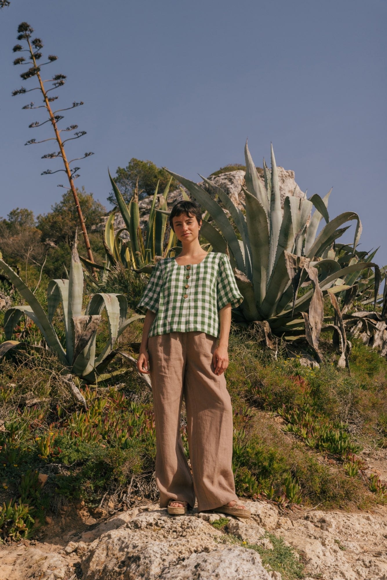 Leinentop MAEVE mit Knöpfen - Grünes Gingham