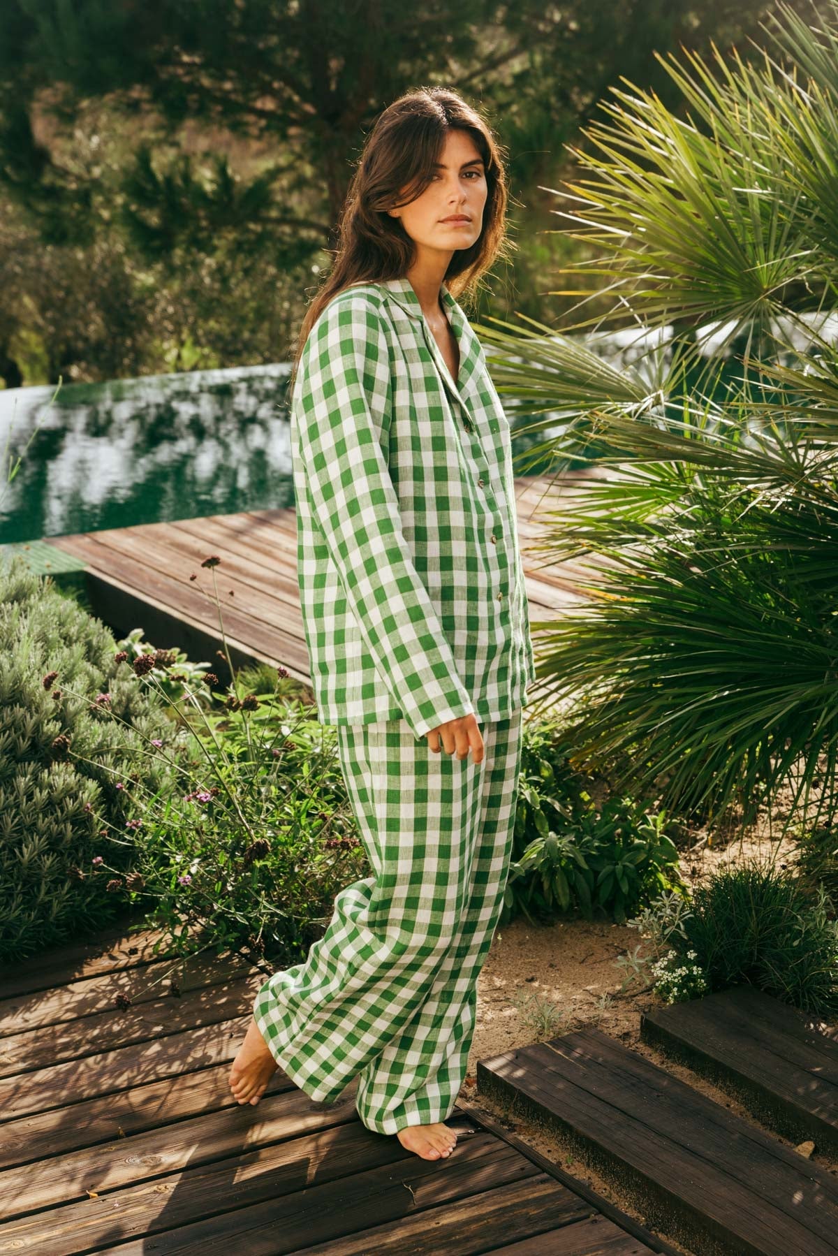 Langärmeliges Pyjama-Set NIGHTLY - Grünes Gingham