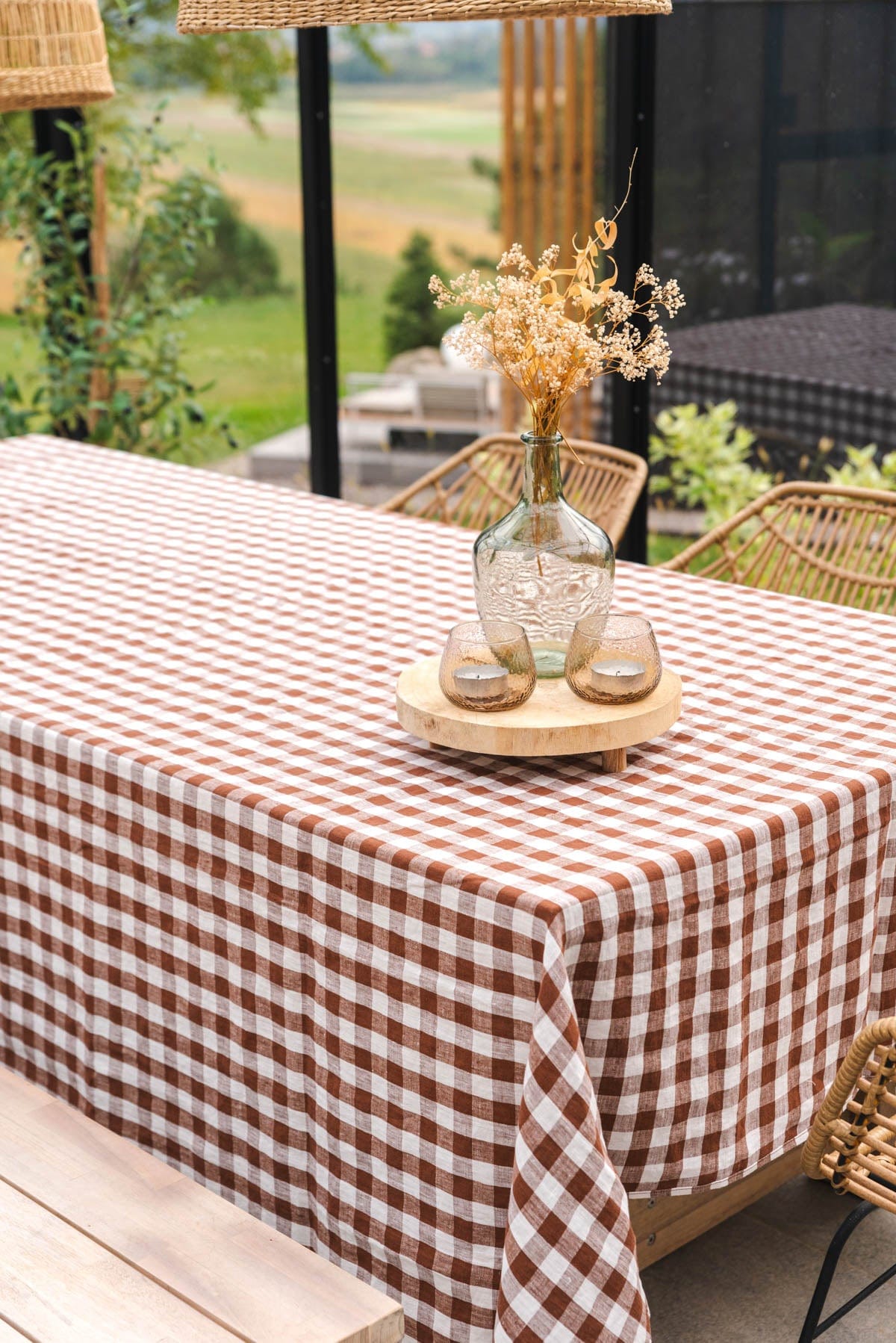 Runde Tischdecke aus Leinen - Mokka Gingham