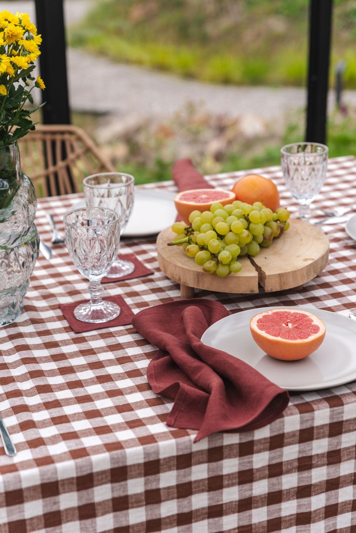 Runde Tischdecke aus Leinen - Mokka Gingham