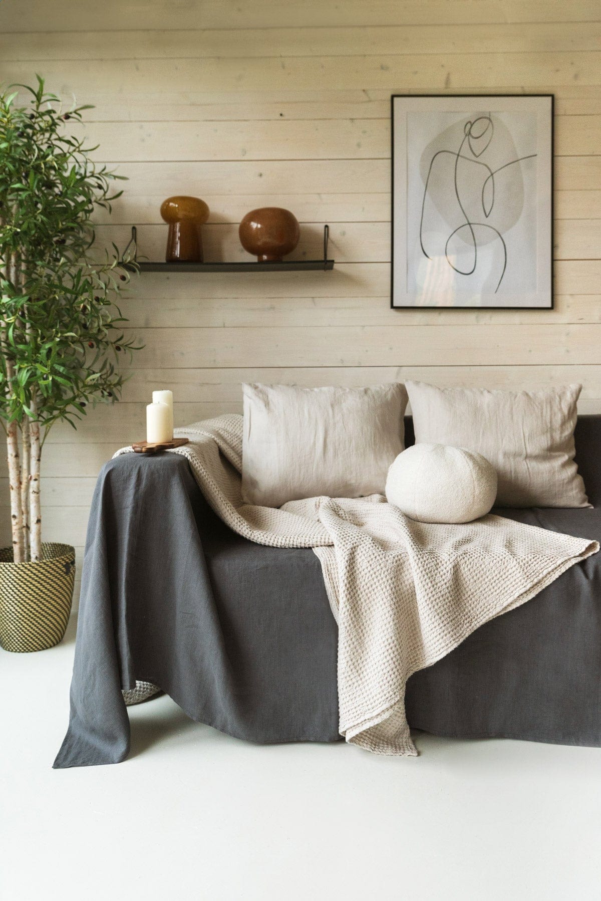 AmourLinen Leinen-Waffeldecke 53x81"/135x205cm / Creme Leinen-Waffelbettüberwurf in Creme Cremefarbener Leinenbettüberwurf | AmourLinen | Waffeldecke