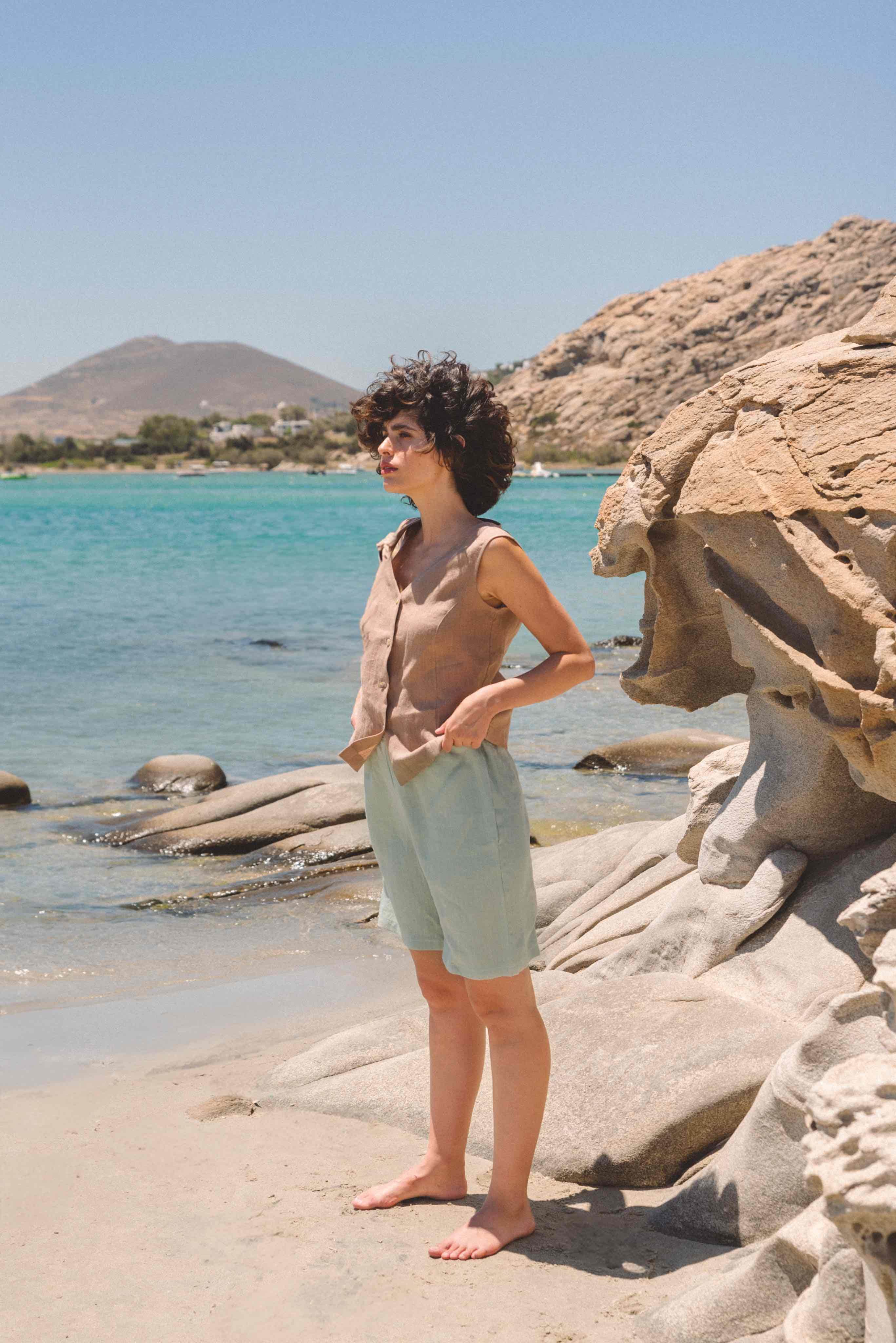 Lange Leinenshorts MATILDA - Salbeigrun