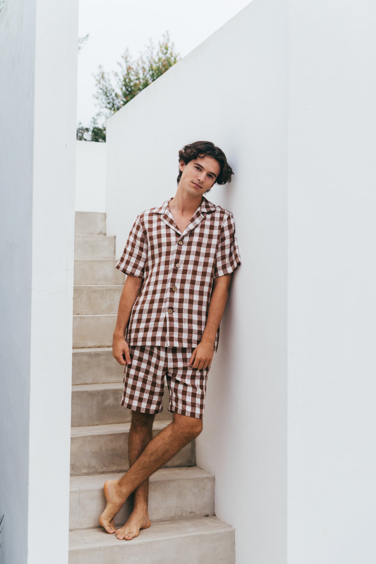 Leinen loungewear shorts set ASPEN - Mokka Gingham