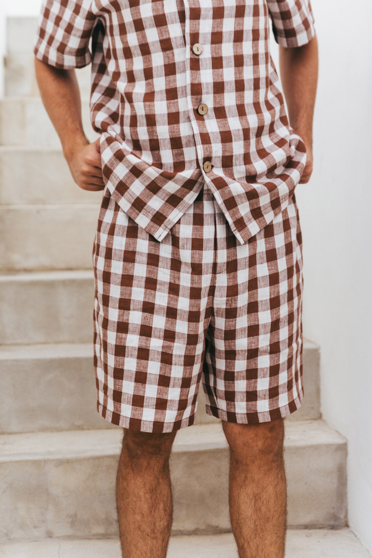Leinen loungewear shorts set ASPEN - Mokka Gingham