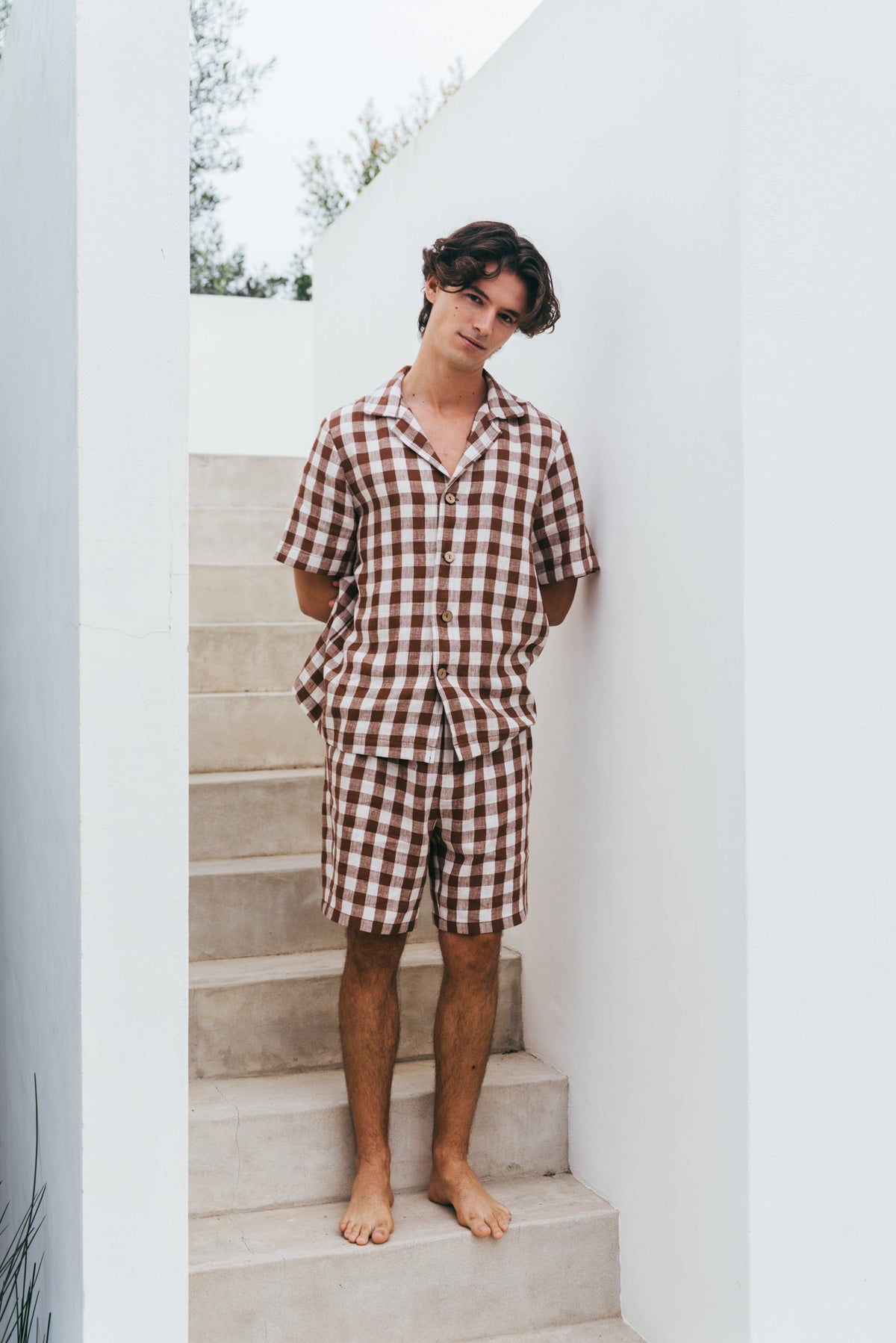 Leinen loungewear shorts set ASPEN - Mokka Gingham