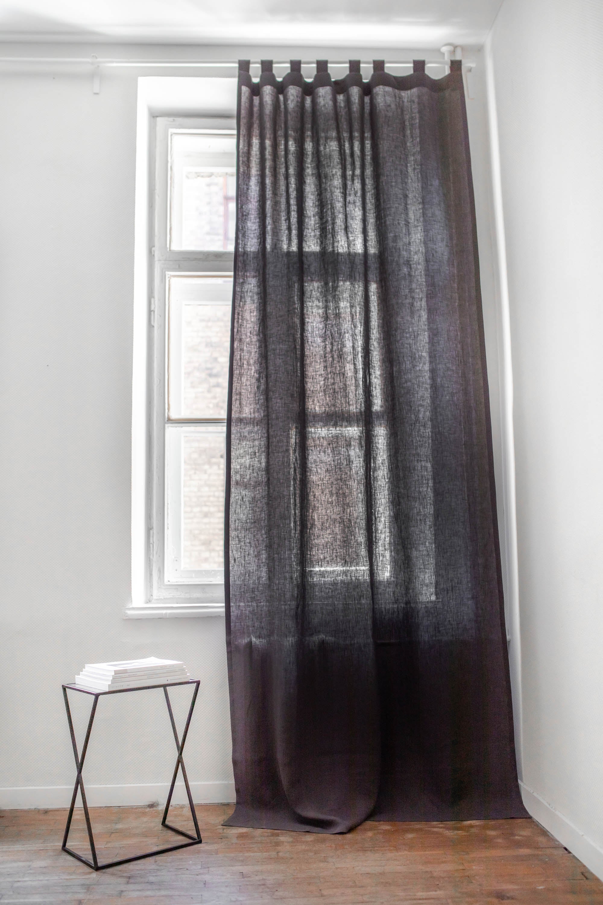 White Spacious Room WIth Charcoal Tab Top Linen Curtains By AmourLinen
