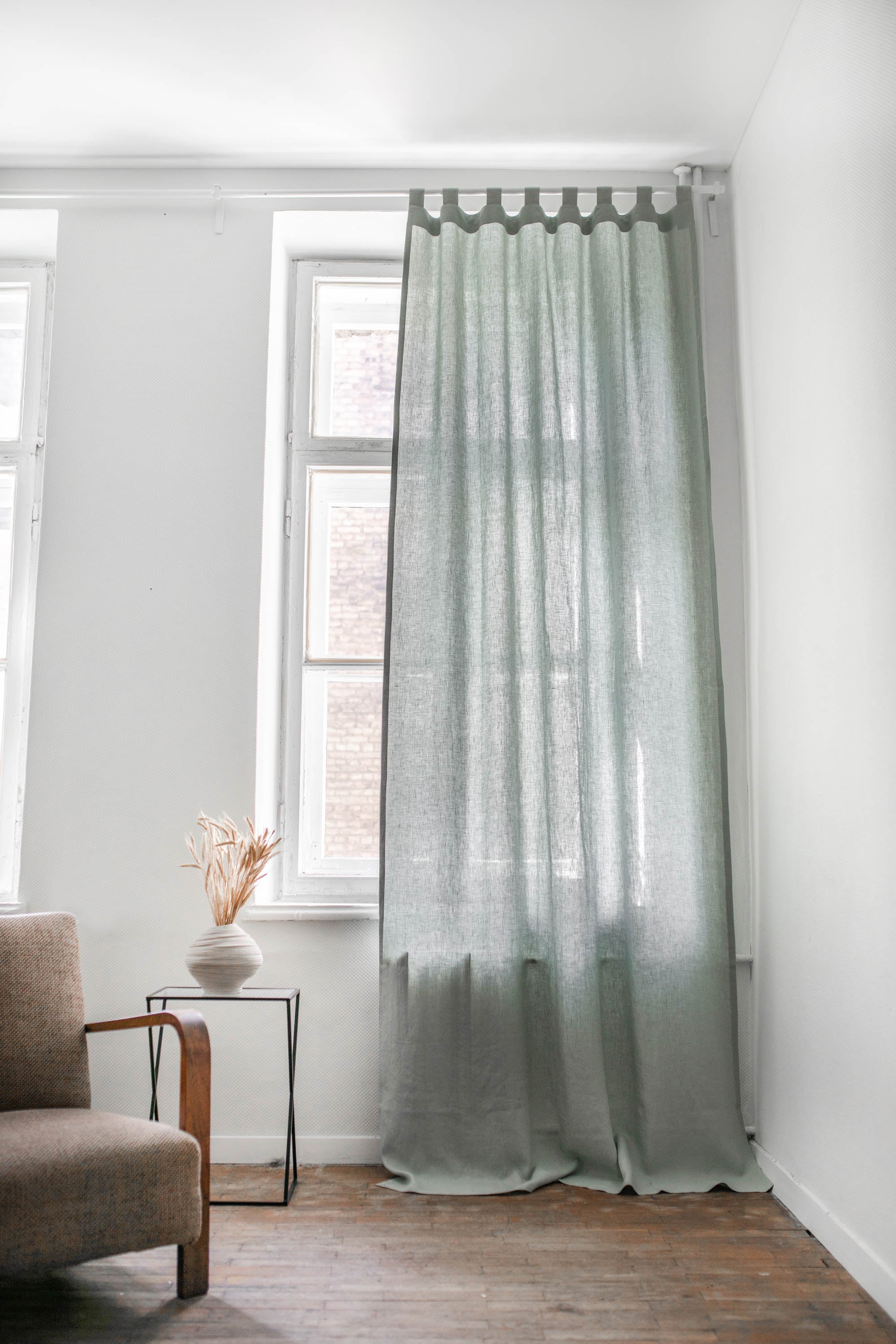 White Spacious Room WIth Sage Green Tab Top Linen Curtains BY AmourLinen