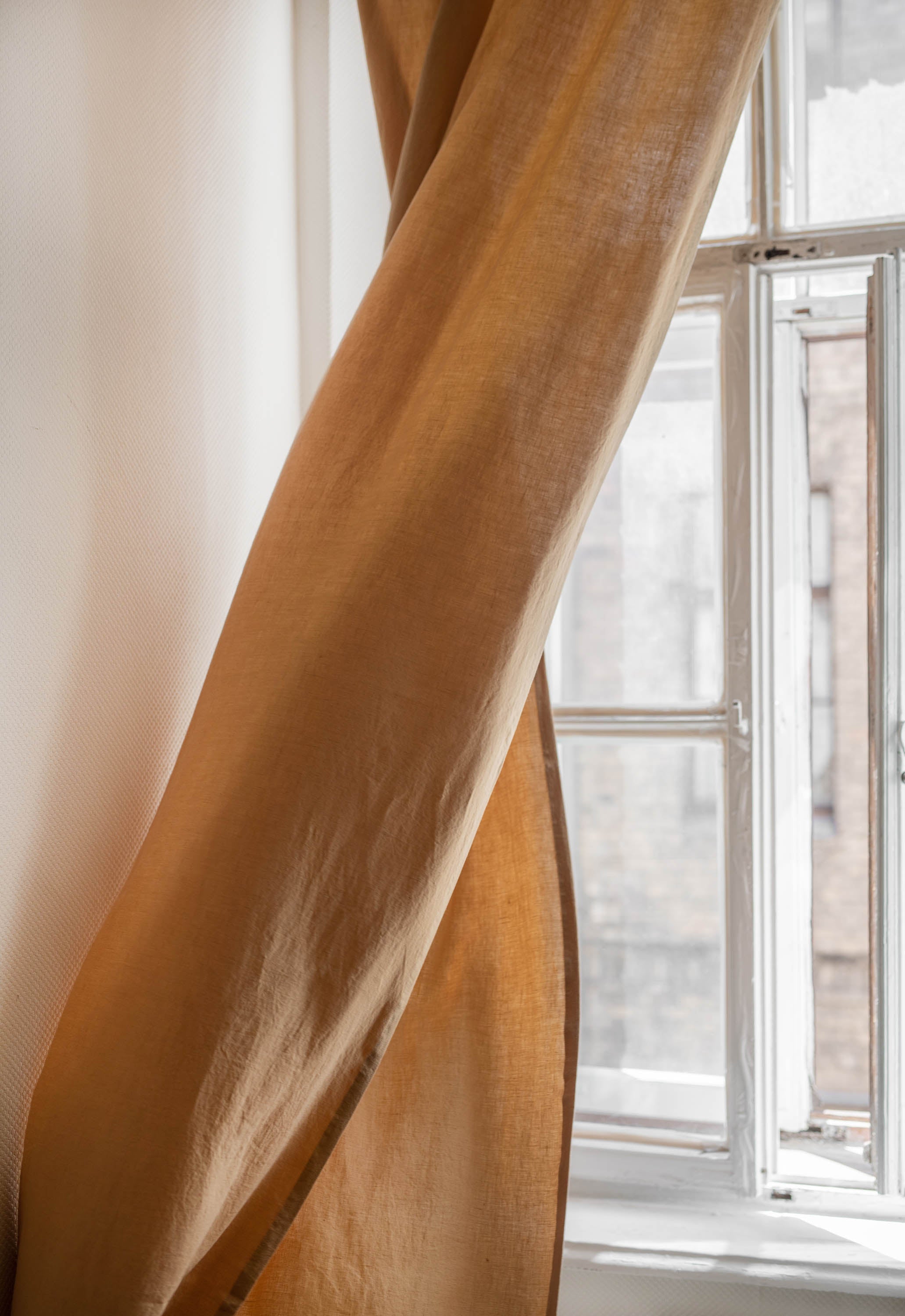 Mustard Tie Top Linen Curtain Blown By Wind