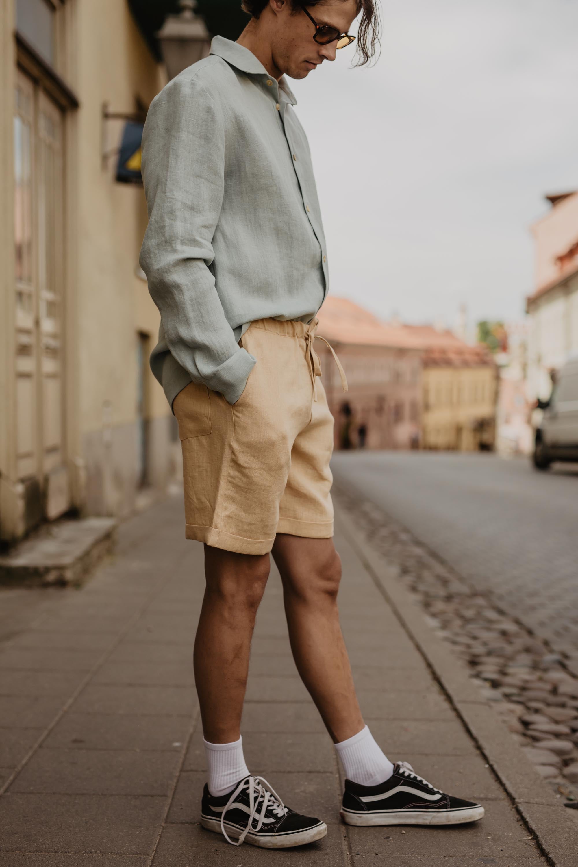 Side View Of Mustard Linen Shorts Man