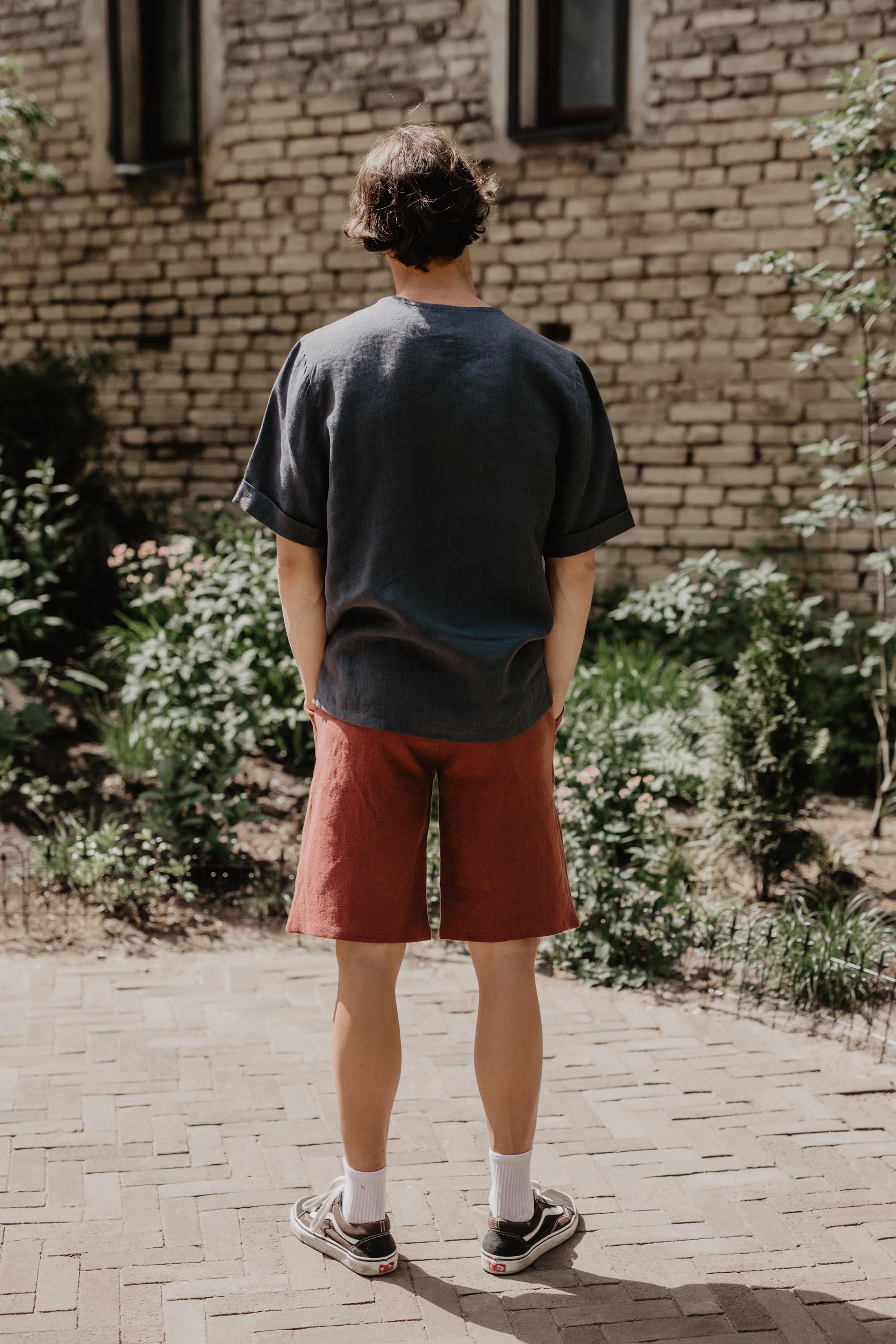 Back Of Black Oversized Linen T-shirt and Terracotta Linen Shorts