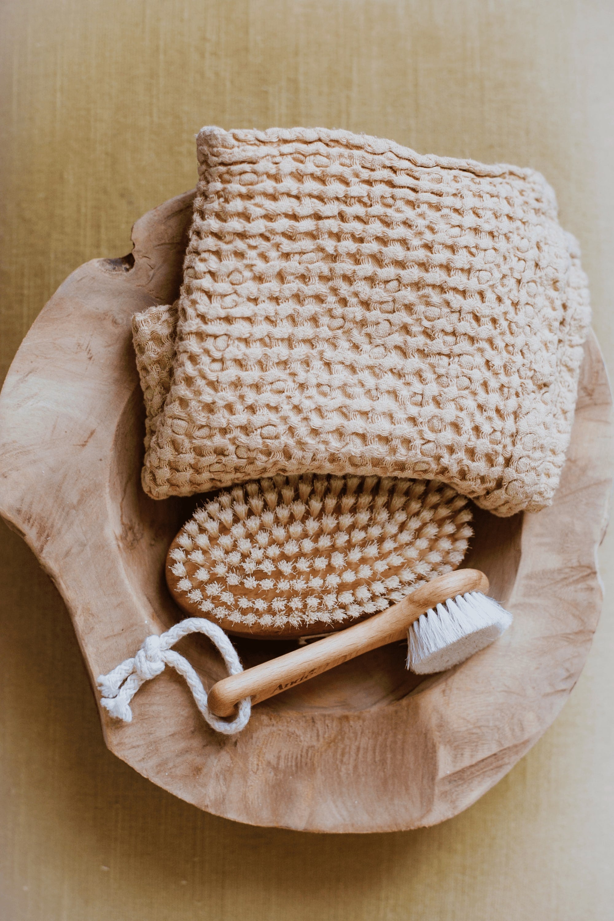 Mustard Linen Waffle Bath Towels In A Wooden Bowls With scrubs By AmourLinen