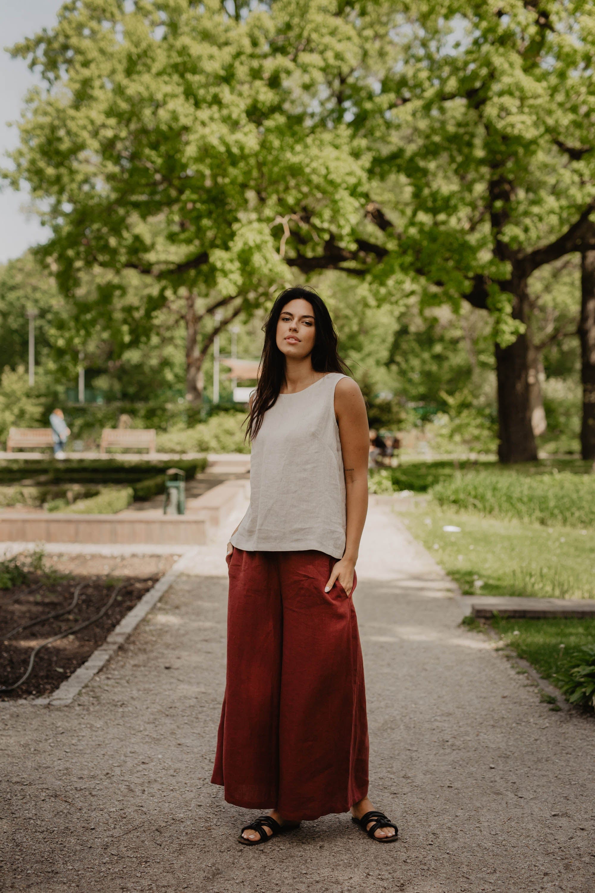 Breite Leinenhose ISABELLA - Terrakotta