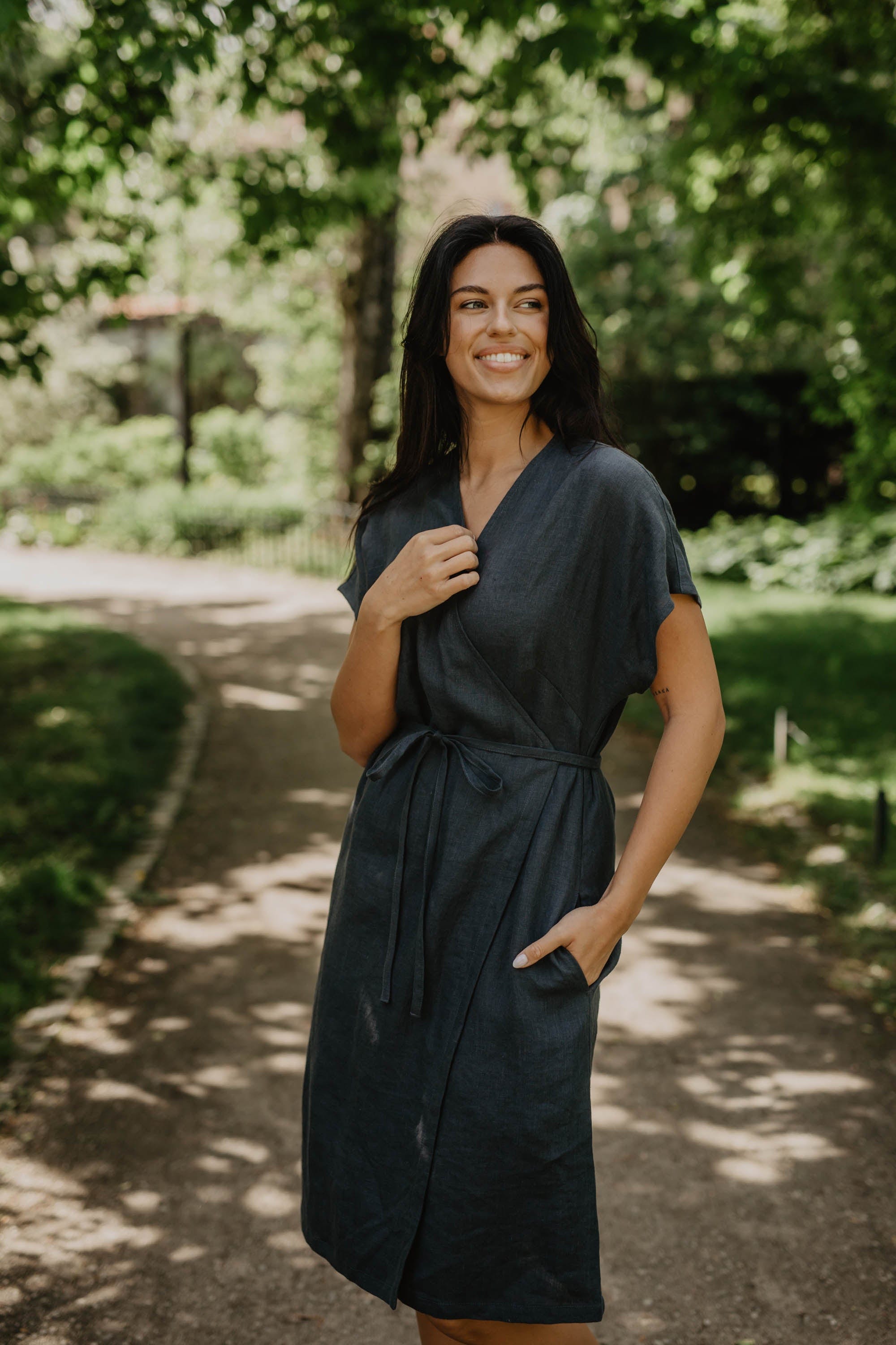 Leinenwickelkleid OLIVIA - Anthrazit