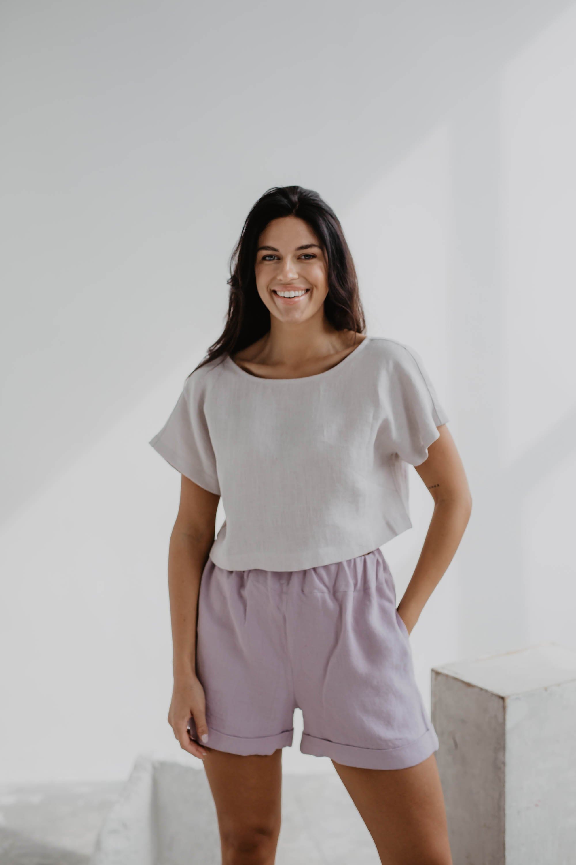 Leinencroptop LISA mit Knöpfen - Creme
