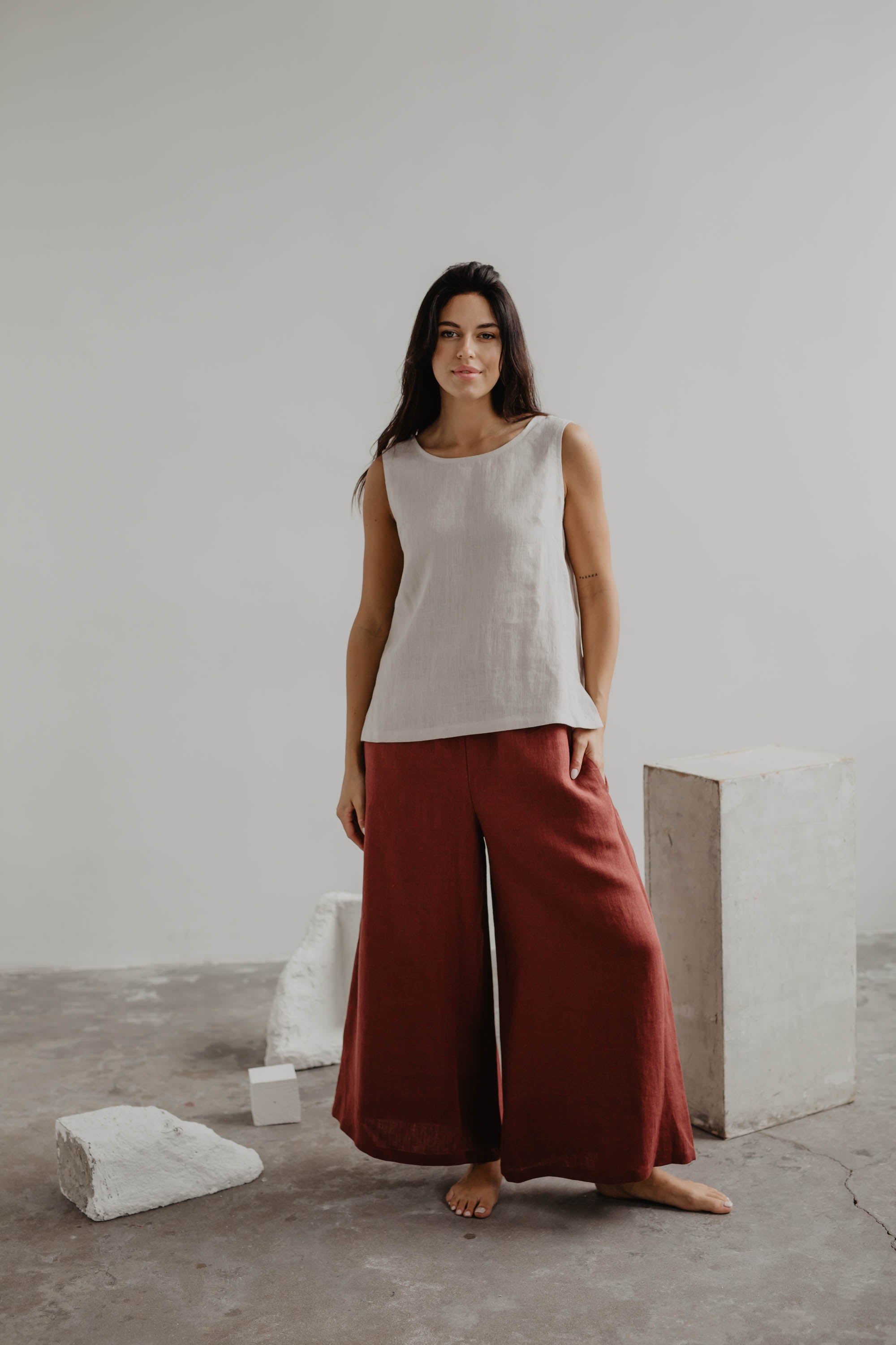 Breite Leinenhose ISABELLA - Terrakotta