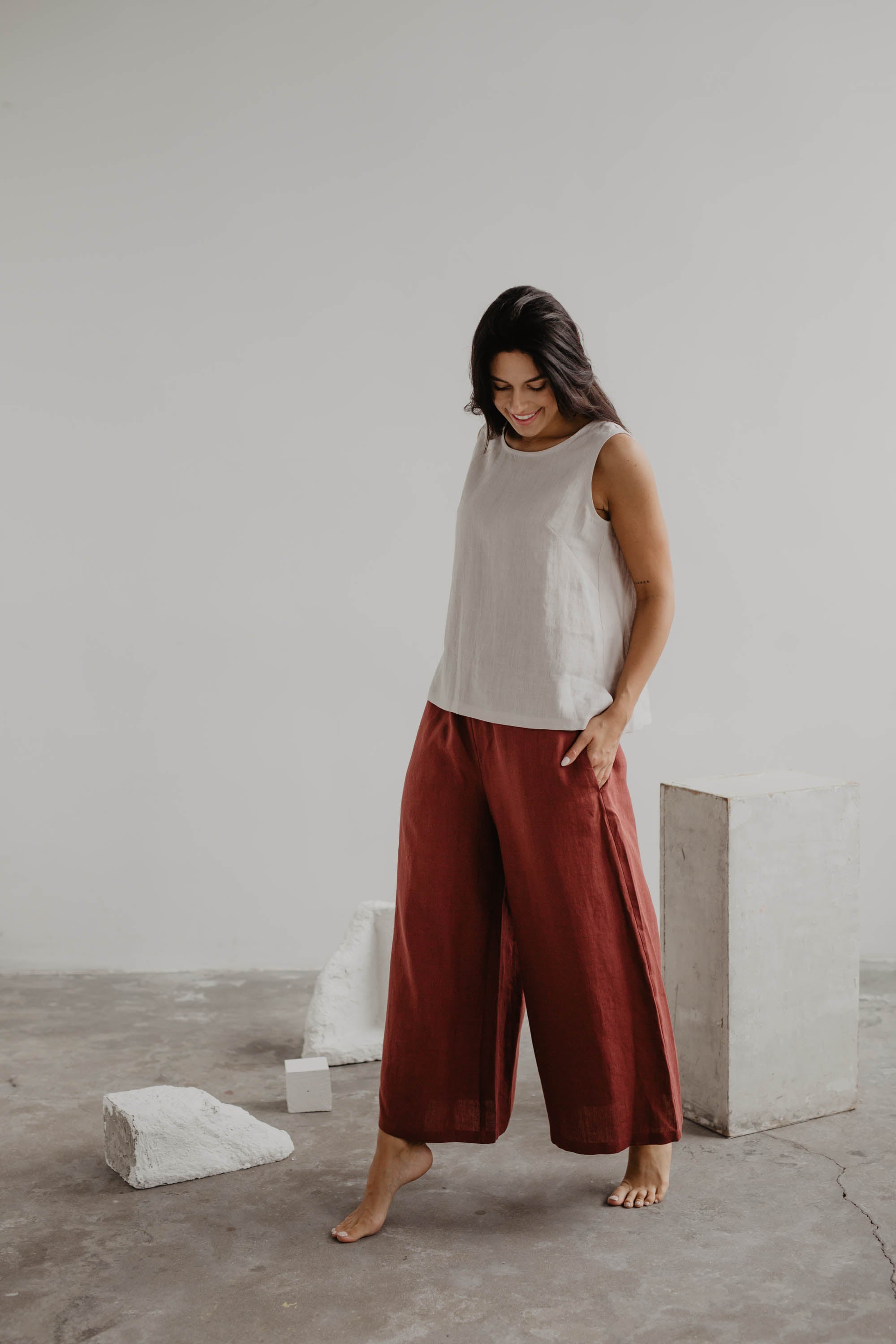 Breite Leinenhose ISABELLA - Terrakotta