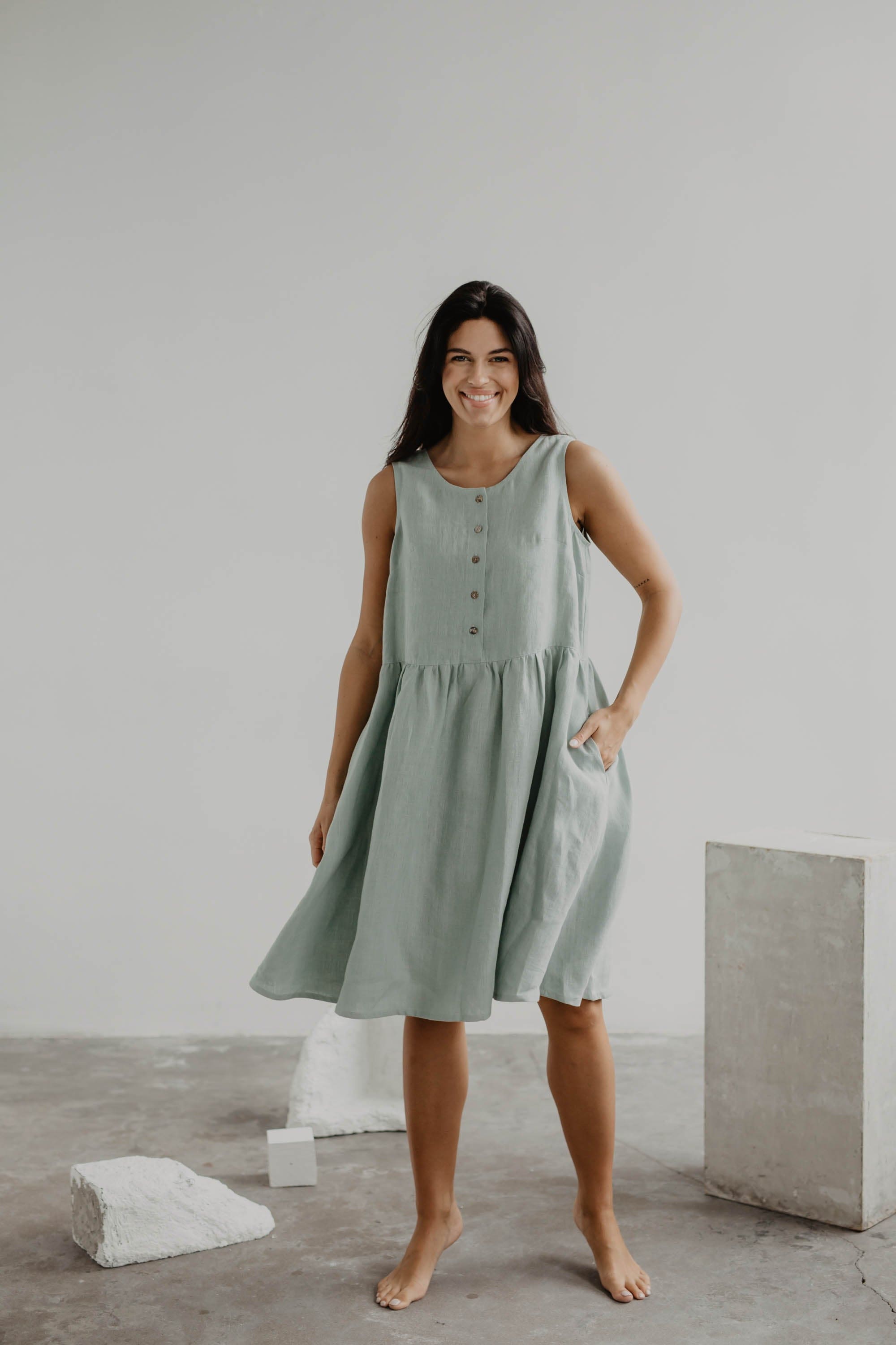 Ärmelloses Leinensommerkleid HAZEL - Salbeigrun