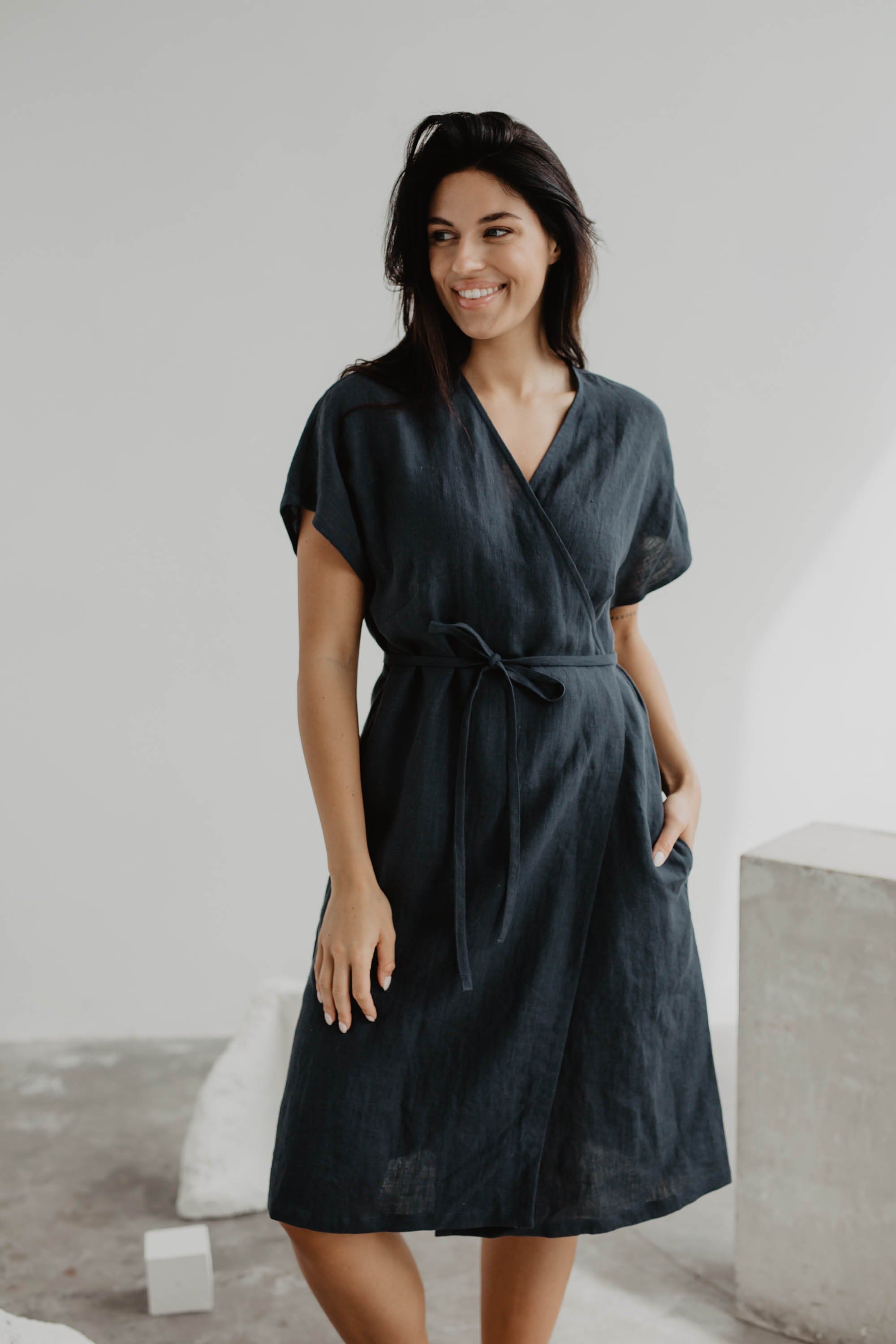 Leinenwickelkleid OLIVIA - Anthrazit