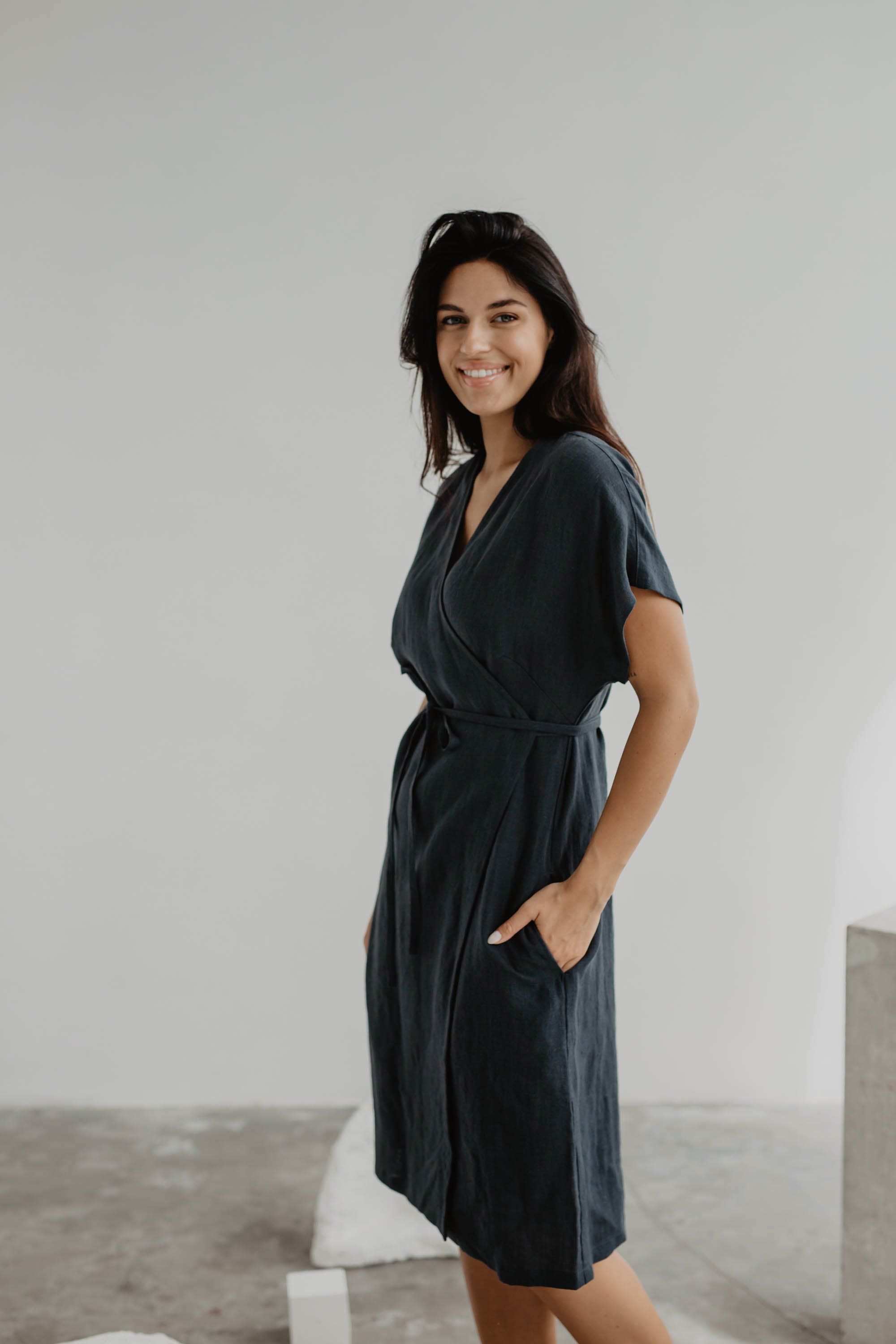 Leinenwickelkleid OLIVIA - Anthrazit