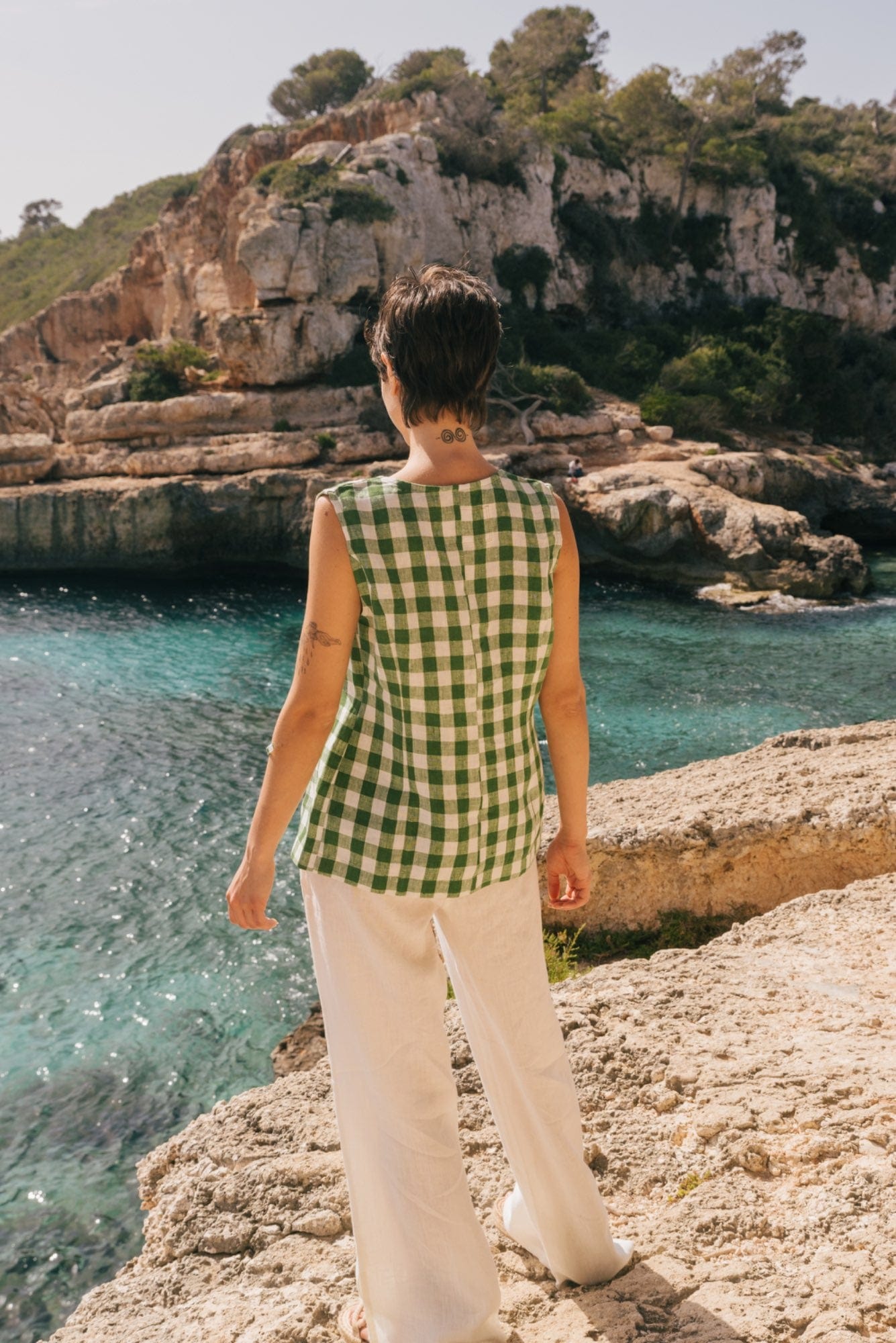 Ärmelloses Leinentop BLANCA - Grünes Gingham
