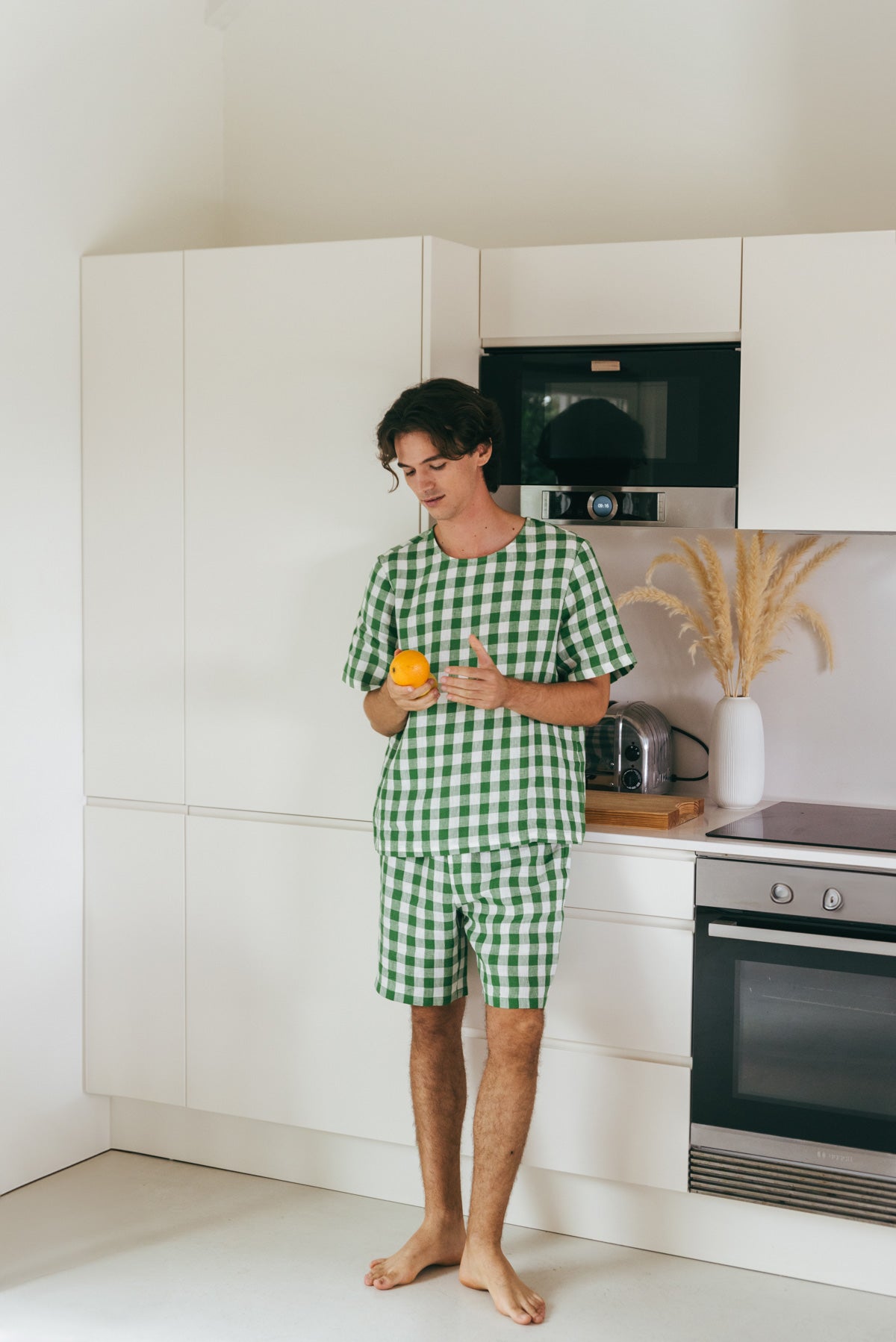 Leinen pyjama set mit shorts BILLY - Grünes Gingham