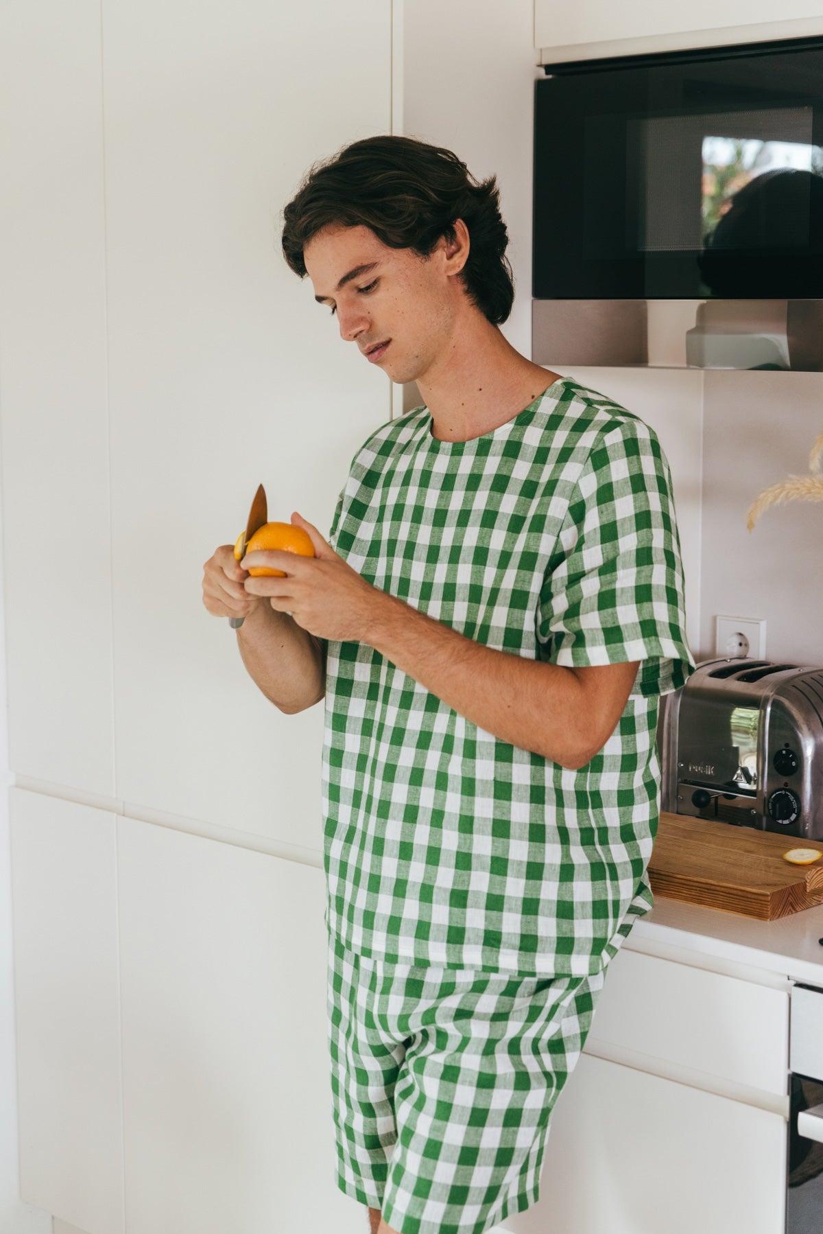 Leinen pyjama set mit shorts BILLY - Grünes Gingham
