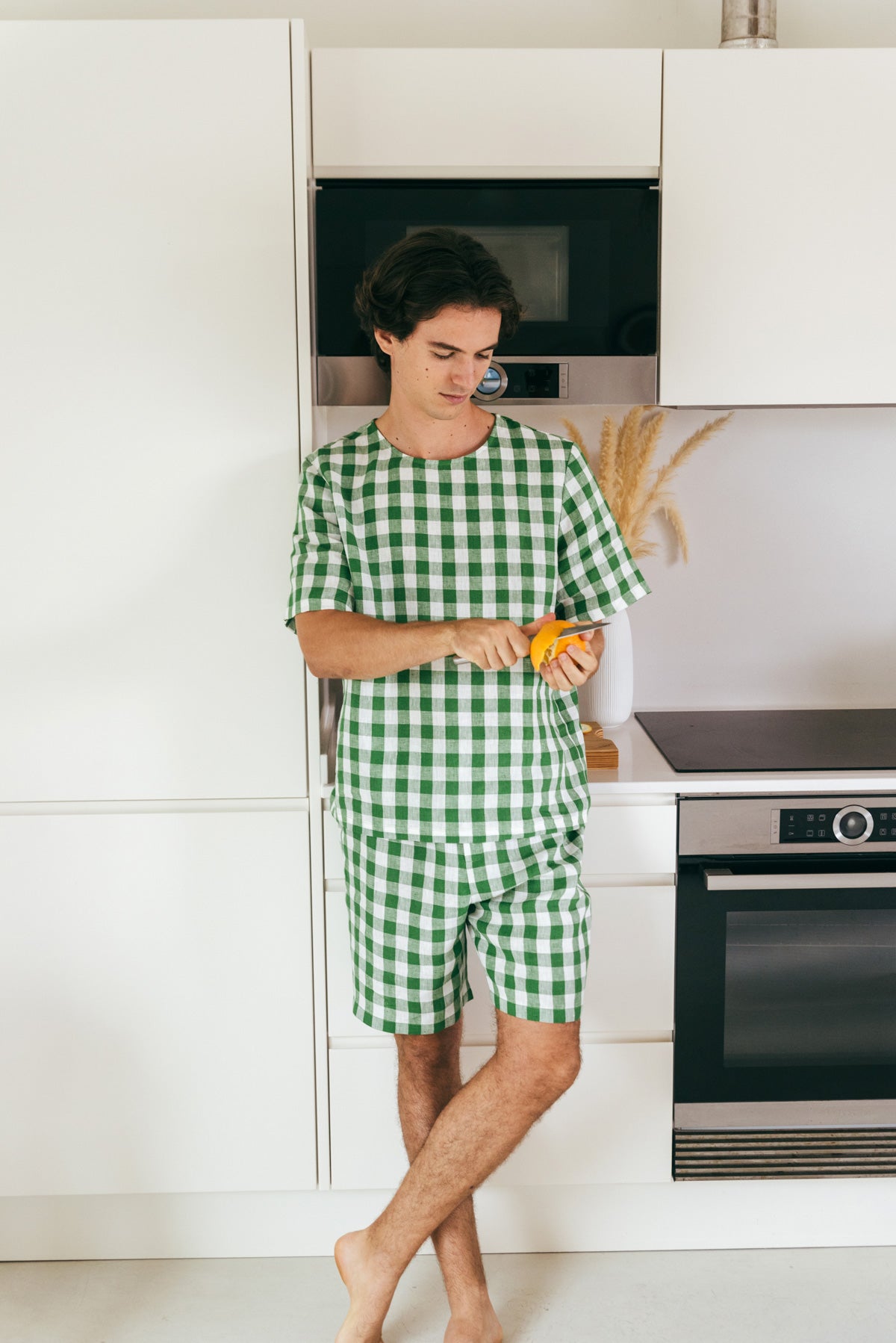 Leinen pyjama set mit shorts BILLY - Grünes Gingham