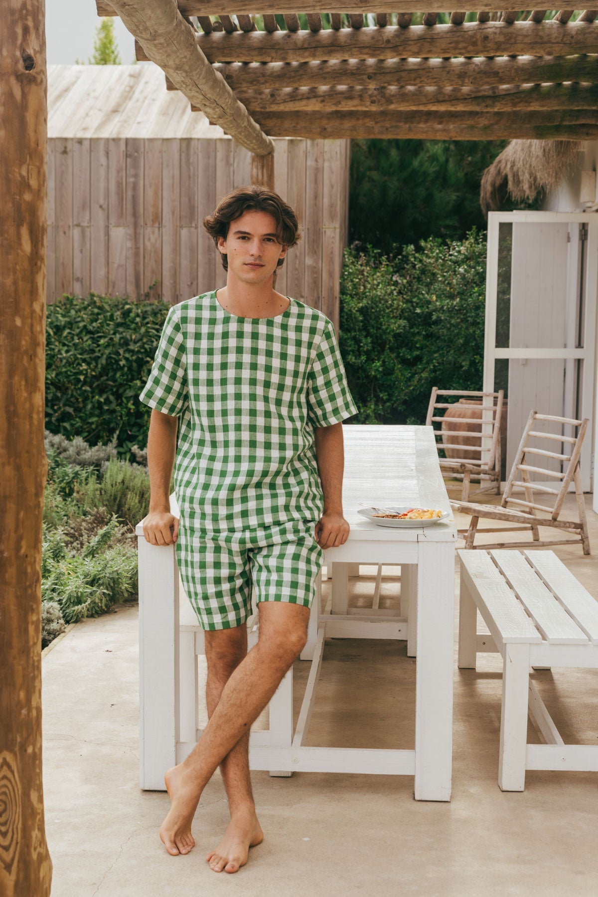 Leinen pyjama set mit shorts BILLY - Grünes Gingham
