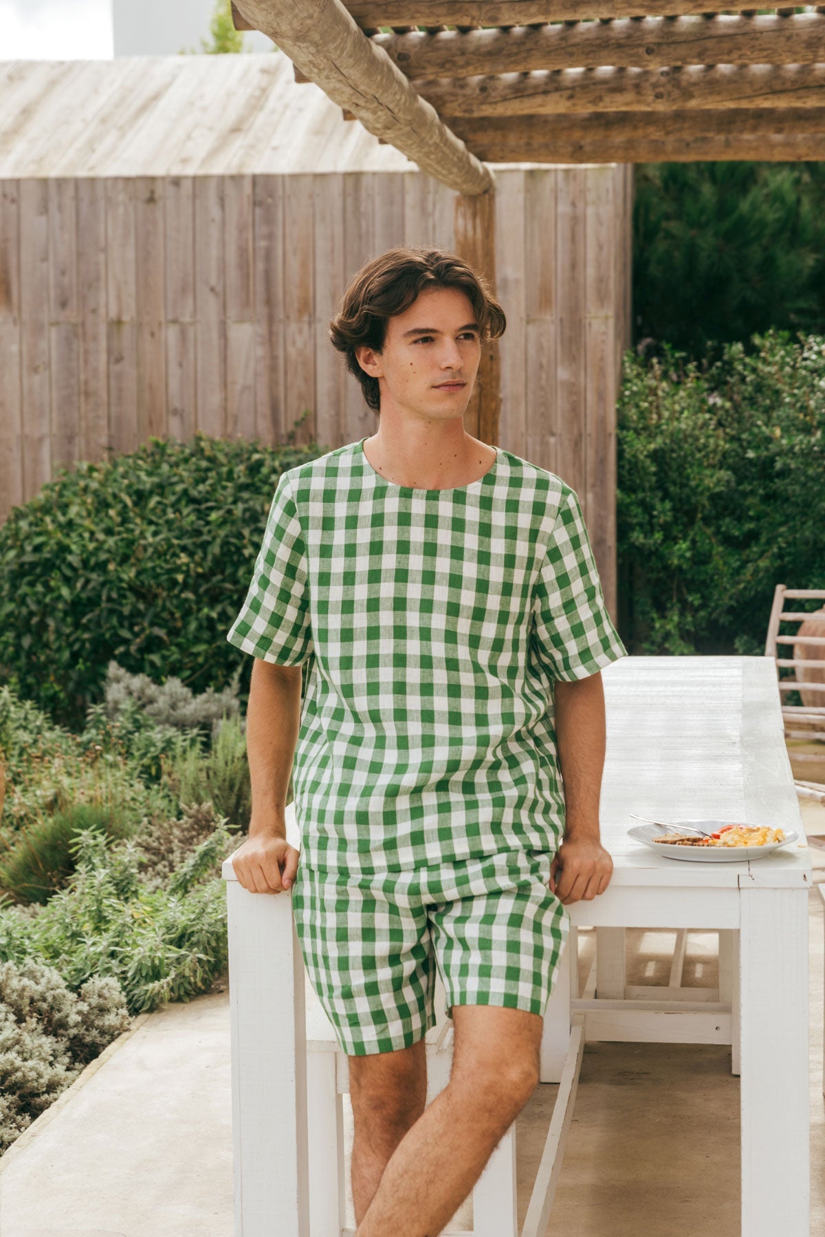 Leinen pyjama set mit shorts BILLY - Grünes Gingham